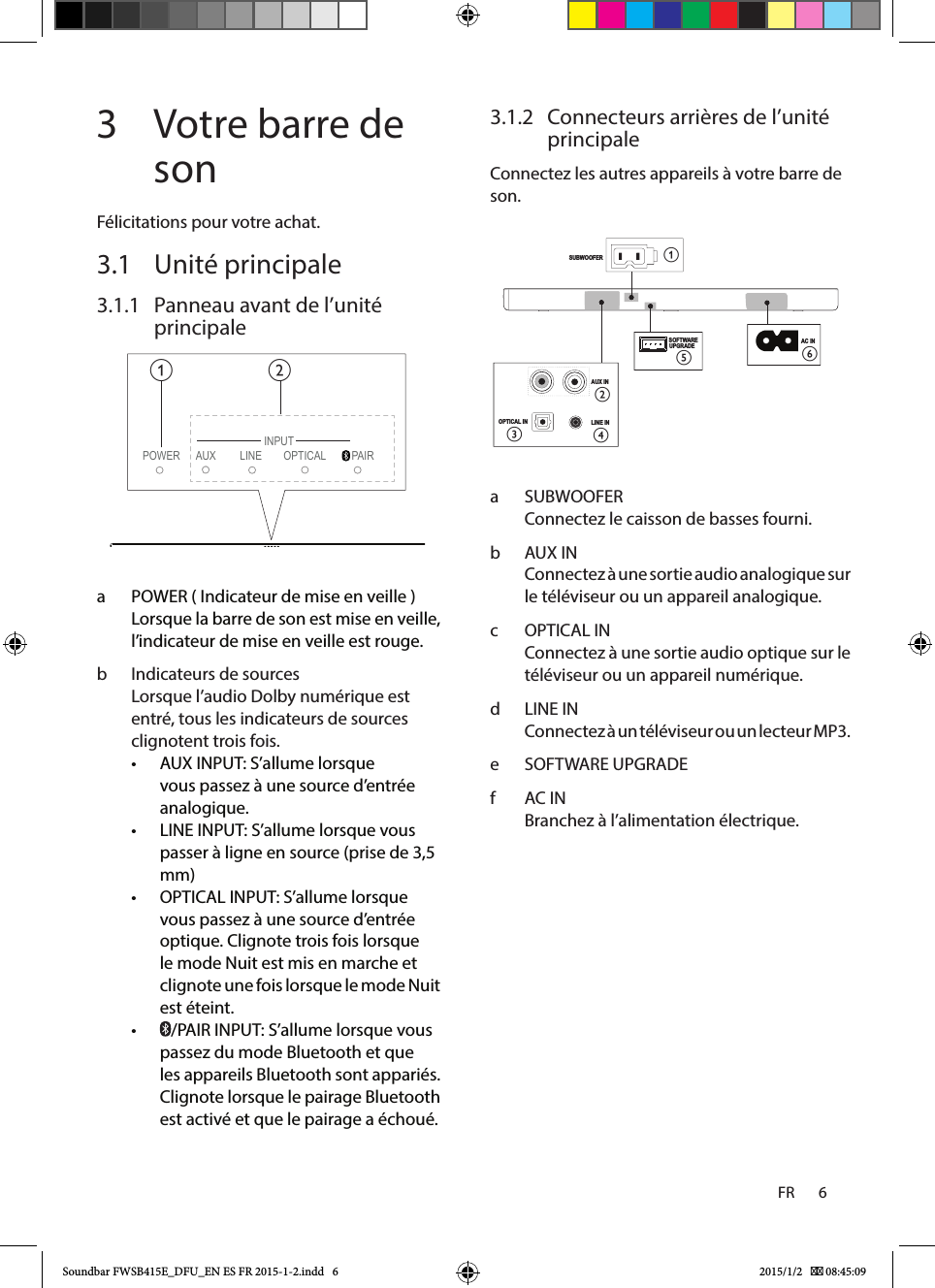 FR       6    3  Votre barre de sonFélicitations pour votre achat.3.1  Unité principale3.1.1  Panneau avant de l’unité principalePOWER LINE PAIRINPUTAUX  OPTICALab a  POWER ( Indicateur de mise en veille )Lorsque la barre de son est mise en veille, l’indicateur de mise en veille est rouge. b  Indicateurs de sourcesLorsque l’audio Dolby numérique est entré, tous les indicateurs de sources clignotent trois fois.• AUXINPUT: S’allume lorsque vous passez à une source d’entrée analogique. • LINE INPUT: S’allume lorsque vous passer à ligne en source (prise de 3,5 mm)• OPTICAL INPUT: S’allume lorsque vous passez à une source d’entrée optique. Clignote trois fois lorsque le mode Nuit est mis en marche et clignote une fois lorsque le mode Nuit est éteint.• /PAIR INPUT: S’allume lorsque vous passez du mode Bluetooth et que les appareils Bluetooth sont appariés. Clignote lorsque le pairage Bluetooth est activé et que le pairage a échoué.3.1.2  Connecteurs arrières de l’unité principaleConnectez les autres appareils à votre barre de son.SUBWOOFER AUX INLINE IN      OPTICAL INAC INSOFTWAREUPGRADE  abcdefa  SUBWOOFERConnectez le caisson de basses fourni.b  AUXINConnectez à une sortie audio analogique sur le téléviseur ou un appareil analogique.c  OPTICAL INConnectez à une sortie audio optique sur le téléviseur ou un appareil numérique.d  LINE INConnectez à un téléviseur ou un lecteur MP3.e  SOFTWARE UPGRADEf  AC INBranchez à l’alimentation électrique.Soundbar FWSB415E_DFU_EN ES FR 2015-1-2.indd   6 2015/1/2    08:45:09
