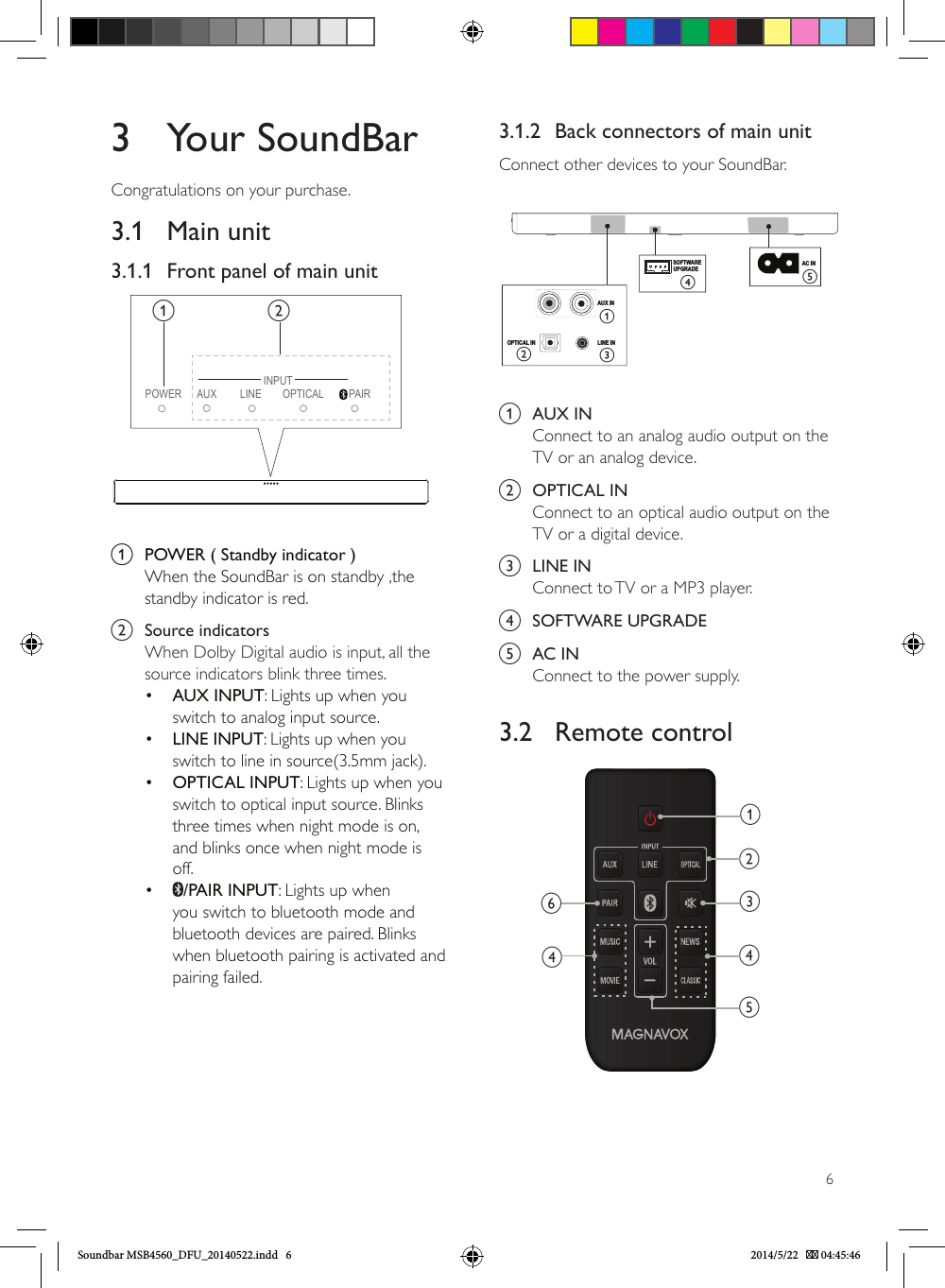 63.1.2  Back connectors of main unitConnect other devices to your SoundBar.AUX INLINE IN      OPTICAL INAC INSOFTWAREUPGRADE  abcdea  AUX INConnect to an analog audio output on the TV or an analog device.b  OPTICAL INConnect to an optical audio output on the TV or a digital device.c  LINE INConnect to TV or a MP3 player.d  SOFTWARE UPGRADEe  AC INConnect to the power supply.3.2   Remote control        abcdedf   3  Your SoundBarCongratulations on your purchase.3.1  Main unit3.1.1  Front panel of main unitPOWER LINE PAIRINPUTAUX  OPTICALab a  POWER ( Standby indicator )When the SoundBar is on standby ,thestandby indicator is red. b  Source indicatorsWhen Dolby Digital audio is input, all the source indicators blink three times.•  AUX INPUT: Lights up when you switch to analog input source. •  LINE INPUT: Lights up when you switch to line in source(3.5mm jack).•  OPTICAL INPUT: Lights up when you switch to optical input source. Blinks three times when night mode is on, and blinks once when night mode is off.•  /PAIR INPUT: Lights up when you switch to bluetooth mode and bluetooth devices are paired. Blinks when bluetooth pairing is activated and pairing failed.Soundbar MSB4560_DFU_20140522.indd   6 2014/5/22    04:45:46