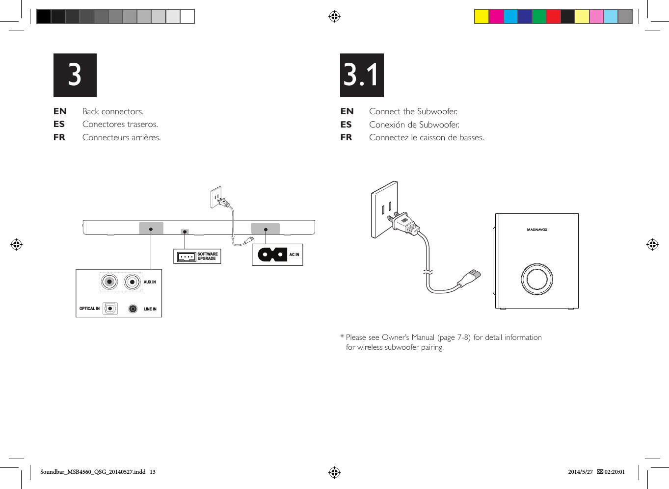 AUX INLINE IN      OPTICAL INAC INSOFTWAREUPGRADE  EN   Back connectors.ES   Conectores traseros.FR   Connecteurs arrières.EN   Connect the Subwoofer.ES   Conexión de Subwoofer.FR   Connectez le caisson de basses.33.1Please see Owner’s Manual (page 7-8) for detail information     for wireless subwoofer pairing.* Soundbar_MSB4560_QSG_20140527.indd   13 2014/5/27    02:20:01