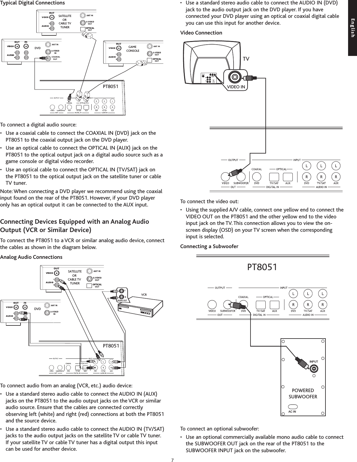 Typical Digital ConnectionsTo connect a digital audio source:• Use a coaxial cable to connect the COAXIAL IN (DVD) jack on thePT8051 to the coaxial output jack on the DVD player.• Use an optical cable to connect the OPTICAL IN (AUX) jack on thePT8051 to the optical output jack on a digital audio source such as agame console or digital video recorder.• Use an optical cable to connect the OPTICAL IN (TV/SAT) jack on the PT8051 to the optical output jack on the satellite tuner or cableTV tuner.Note: When connecting a DVD player we recommend using the coaxialinput found on the rear of the PT8051. However, if your DVD playeronly has an optical output it can be connected to the AUX input.Connecting Devices Equipped with an Analog AudioOutput (VCR or Similar Device)To connect the PT8051 to a VCR or similar analog audio device, connectthe cables as shown in the diagram below.Analog Audio ConnectionsToconnect audio from an analog (VCR, etc.) audio device:•Use a standardstereo audio cable to connect the AUDIO IN (AUX)jacks on the PT8051 to the audio output jacks on the VCR or similaraudio source. Ensure that the cables are connected correctlyobserving left (white) and right (red) connections at both the PT8051and the source device.• Use a standard stereo audio cable to connect the AUDIO IN (TV/SAT)jacks to the audio output jacks on the satellite TV or cable TV tuner.If your satellite TV or cable TV tuner has a digital output this inputcan be used for another device.•Use a standard stereo audio cable to connect the AUDIO IN (DVD)jack to the audio output jack on the DVD player. If you haveconnected your DVD player using an optical or coaxial digital cableyou can use this input for another device.Video ConnectionTo connect the video out:• Using the supplied A/V cable, connect one yellow end to connect theVIDEO OUT on the PT8051 and the other yellow end to the videoinput jackon the TV. This connection allows you to view the on-screen display (OSD) on your TV screen when the correspondinginput is selected.Connecting a SubwooferTo connect an optional subwoofer:• Use an optional commercially available mono audio cable to connectthe SUBWOOFER OUT jack on the rear of the PT8051 to theSUBWOOFER INPUT jack on the subwoofer.SATELLITEOR CABLE TVTUNEROPTICALDVDPT8051GAME CONSOLEOPTICALSATELLITEOR CABLE TV TUNEROPTICALVCRAUDIO OUTLRDVDPT8051TVVIDEO INAC ININPUTPT8051POWEREDSUBWOOFEREnglish7