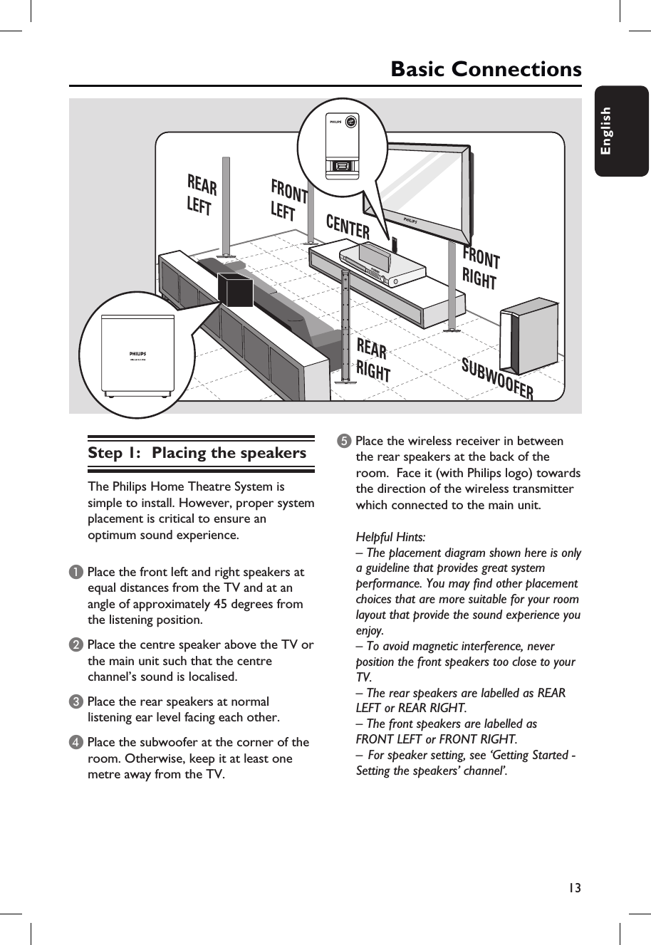 13EnglishBasic ConnectionsStep 1:  Placing the speakersThe Philips Home Theatre System is simple to install. However, proper system placement is critical to ensure an optimum sound experience.A Place the front left and right speakers at equal distances from the TV and at an angle of approximately 45 degrees from the listening position.B Place the centre speaker above the TV or the main unit such that the centre channel’s sound is localised.C Place the rear speakers at normal listening ear level facing each other.D Place the subwoofer at the corner of the room. Otherwise, keep it at least one metre away from the TV. E Place the wireless receiver in between the rear speakers at the back of the room.  Face it (with Philips logo) towards the direction of the wireless transmitter which connected to the main unit. Helpful Hints:– The placement diagram shown here is only a guideline that provides great system performance. You may  nd other placement choices that are more suitable for your room layout that provide the sound experience you enjoy.– To avoid magnetic interference, never position the front speakers too close to your TV.– The rear speakers are labelled as REAR LEFT or REAR RIGHT.– The front speakers are labelled asFRONT LEFT or FRONT RIGHT.–  For speaker setting, see ‘Getting Started - Setting the speakers’ channel’.SUBWOOFERFRONTRIGHTFRONTLEFTCENTERREARRIGHTREARLEFT