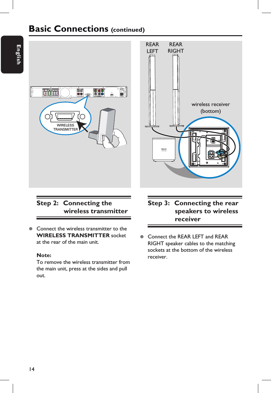 14EnglishWIRELESSTRANSMITTERWIRELESSTRANSMITTERStep 2:  Connecting the wireless transmitter Connect the wireless transmitter to the WIRELESS TRANSMITTER socket at the rear of the main unit.Note:To remove the wireless transmitter from the main unit, press at the sides and pull out.Step 3:  Connecting the rear speakers to wireless receiver Connect the REAR LEFT and REAR RIGHT speaker cables to the matching sockets at the bottom of the wireless receiver.REAR LEFTREAR RIGHTwireless receiver (bottom)Basic Connections (continued)