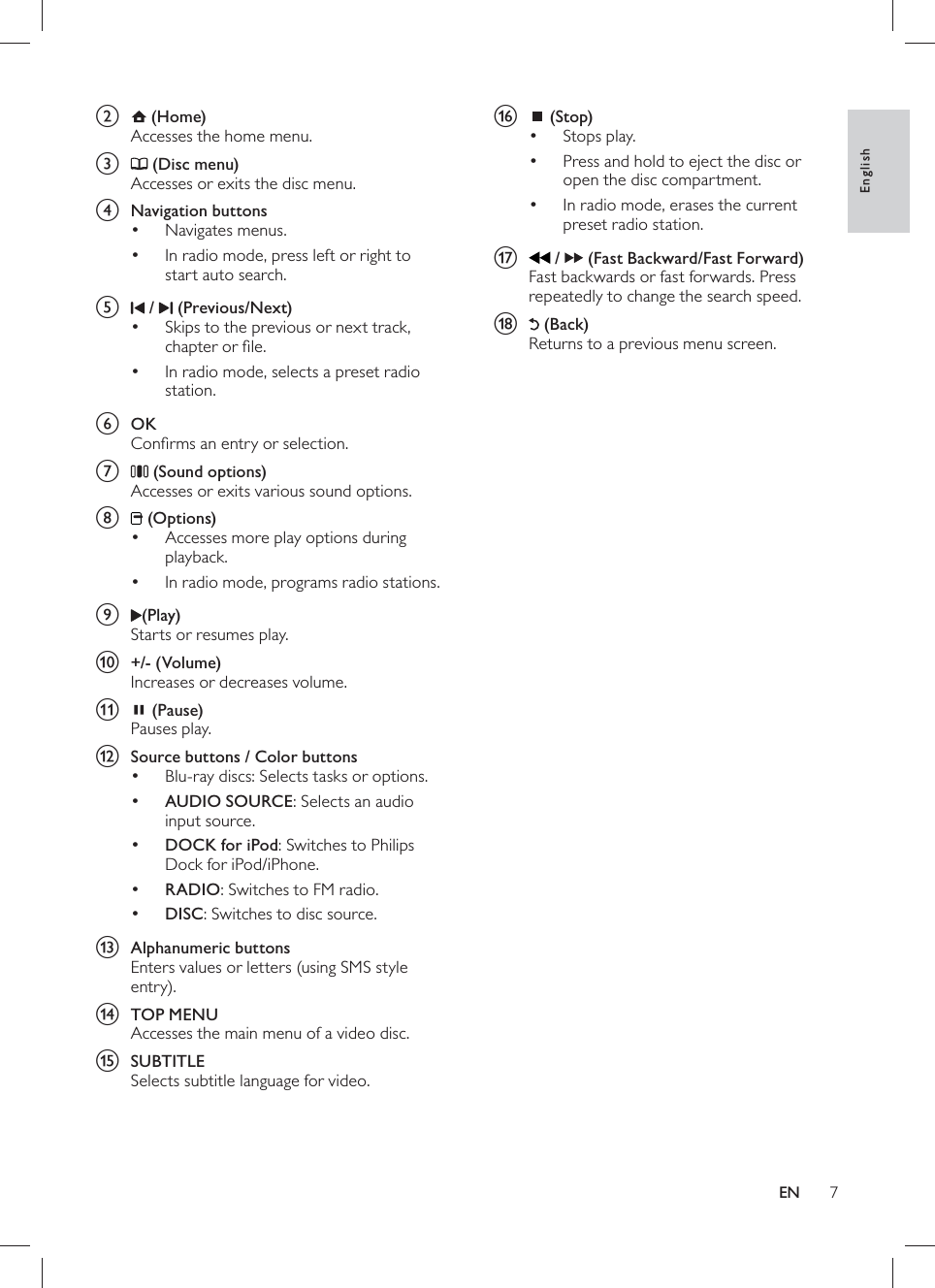 7    p  ( Stop )    Stops play.•    Press and hold to eject the disc or •open the disc compartment.    In radio mode, erases the current •preset radio station.         q   /    ( Fast Backward /Fast Forward )  Fast backwards or fast forwards. Press repeatedly to change the search speed.r      ( Back )    Returns to a previous menu screen.          b  ( Home )  Accesses the home menu.    c  ( Disc menu )  Accesses or exits the disc menu.     d Navigation buttons     Navigates menus.•    In radio mode, press left or right to •start auto search.      e      /    ( Previous/Next )    Skips to the previous or next track, •chapter or ﬁ le.    In radio mode, selects a preset radio •station.      f OK   Conﬁ rms an entry or selection.    g  ( Sound options )  Accesses or exits various sound options.    h  ( Options )    Accesses more play options during •playback.    In radio mode, programs radio stations.•      i    (Play )  Starts or resumes play.    j +/-  ( Volume )  Increases or decreases volume.    k  ( Pause )  Pauses play.    l Source buttons  /  Color buttons     Blu-ray discs: Selects tasks or options.•     •AUDIO SOURCE : Selects an audio input source.     •DOCK for iPod : Switches to Philips Dock for iPod/iPhone.     •RADIO : Switches to FM radio.     •DISC: Switches to disc source.      m Alphanumeric buttons   Enters values or letters (using SMS style entry).    n TOP MENU   Accesses the main menu of a video disc.    o SUBTITLE   Selects subtitle language for video.EnglishEN