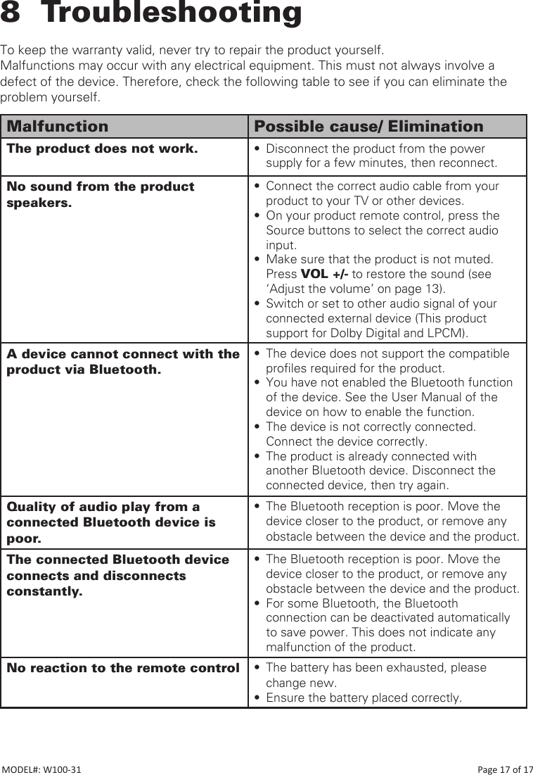 8 TroubleshootingTo keep the warranty valid, never try to repair the product yourself. Malfunctions may occur with any electrical equipment. This must not always involve a defect of the device. Therefore, check the following table to see if you can eliminate the problem yourself. Malfunction Possible cause/ EliminationThe product does not work. •  Disconnect the product from the power    supply for a few minutes, then reconnect.No sound from the product speakers.•  Connect the correct audio cable from your product to your TV or other devices.•  On your product remote control, press the Source buttons to select the correct audio input.•  Make sure that the product is not muted. Press VOL +/- to restore the sound (see ‘Adjust the volume’ on page 13).•  Switch or set to other audio signal of your connected external device (This product    support for Dolby Digital and LPCM).A device cannot connect with the product via Bluetooth.•  The device does not support the compatible proles required for the product.•  You have not enabled the Bluetooth function of the device. See the User Manual of the device on how to enable the function.•  The device is not correctly connected.      Connect the device correctly.•  The product is already connected with another Bluetooth device. Disconnect the connected device, then try again. Quality of audio play from a connected Bluetooth device is poor.•  The Bluetooth reception is poor. Move the device closer to the product, or remove any obstacle between the device and the product.The connected Bluetooth device connects and disconnects constantly.•  The Bluetooth reception is poor. Move the device closer to the product, or remove any obstacle between the device and the product.•  For some Bluetooth, the Bluetooth            connection can be deactivated automatically to save power. This does not indicate any malfunction of the product.No reaction to the remote control •  The battery has been exhausted, please change new.•  Ensure the battery placed correctly.MODEL#: W100-31                                                                                                                                                                           Page 17 of 17