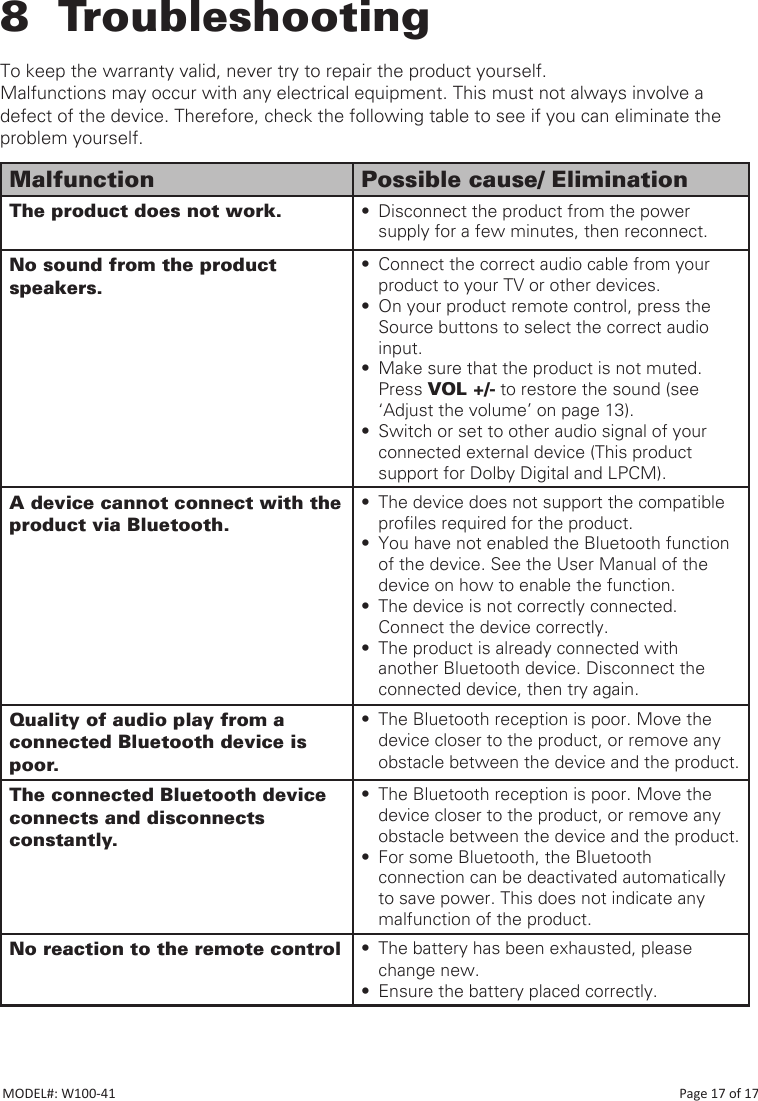 8 TroubleshootingTo keep the warranty valid, never try to repair the product yourself. Malfunctions may occur with any electrical equipment. This must not always involve a defect of the device. Therefore, check the following table to see if you can eliminate the problem yourself. Malfunction Possible cause/ EliminationThe product does not work. •  Disconnect the product from the power    supply for a few minutes, then reconnect.No sound from the product speakers.•  Connect the correct audio cable from your product to your TV or other devices.•  On your product remote control, press the Source buttons to select the correct audio input.•  Make sure that the product is not muted. Press VOL +/- to restore the sound (see ‘Adjust the volume’ on page 13).•  Switch or set to other audio signal of your connected external device (This product    support for Dolby Digital and LPCM).A device cannot connect with the product via Bluetooth.•  The device does not support the compatible proles required for the product.•  You have not enabled the Bluetooth function of the device. See the User Manual of the device on how to enable the function.•  The device is not correctly connected.      Connect the device correctly.•  The product is already connected with another Bluetooth device. Disconnect the connected device, then try again. Quality of audio play from a connected Bluetooth device is poor.•  The Bluetooth reception is poor. Move the device closer to the product, or remove any obstacle between the device and the product.The connected Bluetooth device connects and disconnects constantly.•  The Bluetooth reception is poor. Move the device closer to the product, or remove any obstacle between the device and the product.•  For some Bluetooth, the Bluetooth            connection can be deactivated automatically to save power. This does not indicate any malfunction of the product.No reaction to the remote control •  The battery has been exhausted, please change new.•  Ensure the battery placed correctly.MODEL#: W100-41                                                                                                                                                                           Page 17 of 17