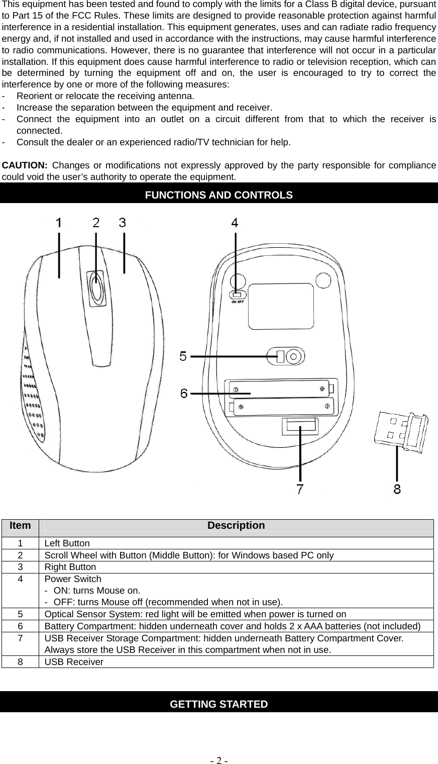   - 2 -This equipment has been tested and found to comply with the limits for a Class B digital device, pursuant to Part 15 of the FCC Rules. These limits are designed to provide reasonable protection against harmful interference in a residential installation. This equipment generates, uses and can radiate radio frequency energy and, if not installed and used in accordance with the instructions, may cause harmful interference to radio communications. However, there is no guarantee that interference will not occur in a particular installation. If this equipment does cause harmful interference to radio or television reception, which can be determined by turning the equipment off and on, the user is encouraged to try to correct the interference by one or more of the following measures: -  Reorient or relocate the receiving antenna. -  Increase the separation between the equipment and receiver. -  Connect the equipment into an outlet on a circuit different from that to which the receiver is connected. -  Consult the dealer or an experienced radio/TV technician for help.  CAUTION: Changes or modifications not expressly approved by the party responsible for compliance could void the user’s authority to operate the equipment. FUNCTIONS AND CONTROLS   Item  Description 1 Left Button 2  Scroll Wheel with Button (Middle Button): for Windows based PC only 3 Right Button 4 Power Switch -  ON: turns Mouse on. -  OFF: turns Mouse off (recommended when not in use). 5  Optical Sensor System: red light will be emitted when power is turned on 6  Battery Compartment: hidden underneath cover and holds 2 x AAA batteries (not included) 7  USB Receiver Storage Compartment: hidden underneath Battery Compartment Cover. Always store the USB Receiver in this compartment when not in use.   8 USB Receiver   GETTING STARTED  