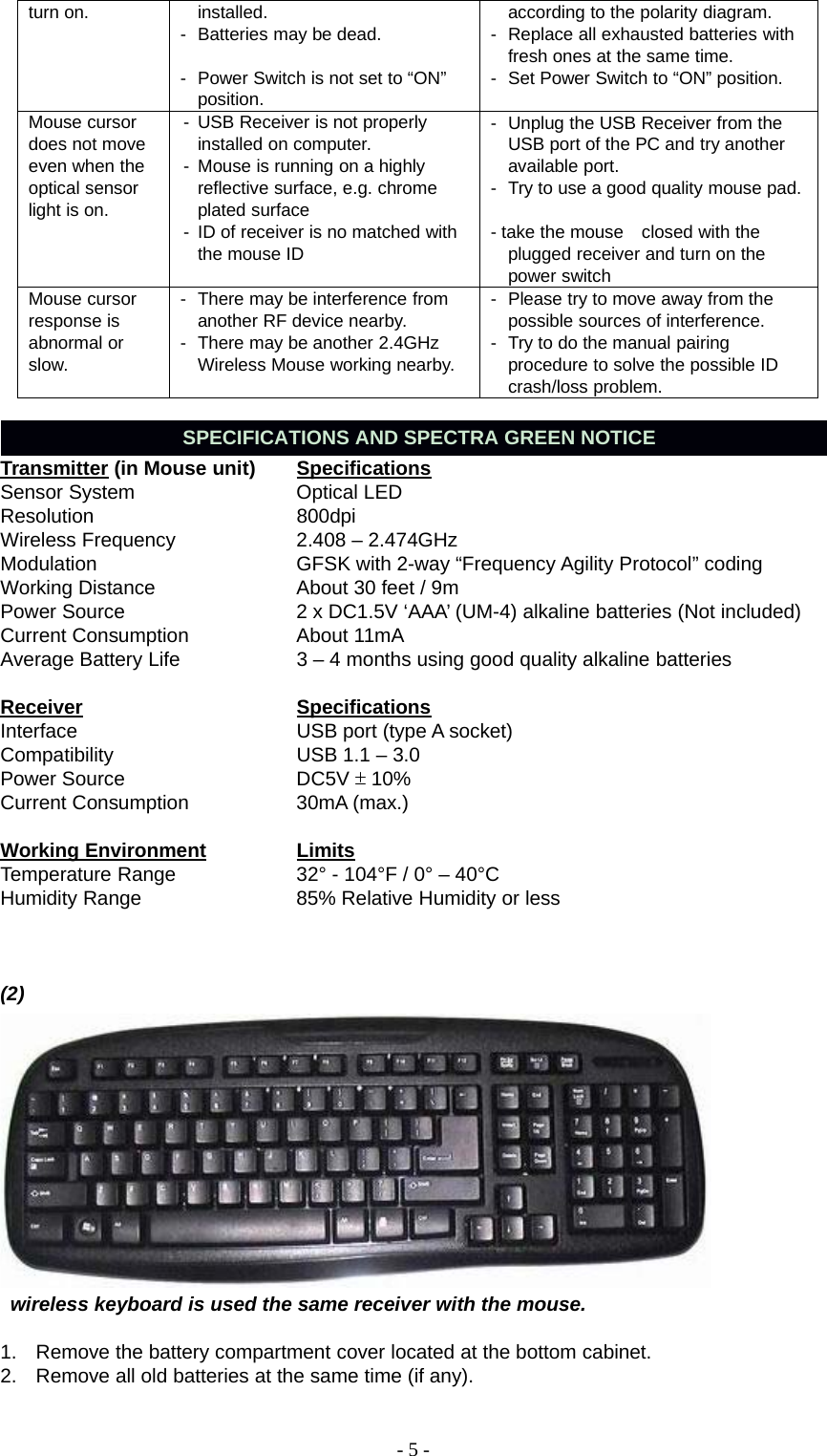 -5-turn on. installed.- Batteries may be dead.- Power Switch is not set to “ON”position.according to the polarity diagram.- Replace all exhausted batteries withfresh ones at the same time.- Set Power Switch to “ON” position.Mouse cursordoes not moveeven when theoptical sensorlight is on.- USB Receiver is not properlyinstalled on computer.- Mouse is running on a highlyreflective surface, e.g. chromeplated surface- ID of receiver is no matched withthe mouse ID- Unplug the USB Receiver from theUSB port of the PC and try anotheravailable port.- Try to use a good quality mouse pad.- take the mouse closed with theplugged receiver and turn on thepower switchMouse cursorresponse isabnormal orslow.- There may be interference fromanother RF device nearby.- There may be another 2.4GHzWireless Mouse working nearby.- Please try to move away from thepossible sources of interference.- Try to do the manual pairingprocedure to solve the possible IDcrash/loss problem.SPECIFICATIONS AND SPECTRA GREEN NOTICETransmitter (in Mouse unit) SpecificationsSensor System Optical LEDResolution 800dpiWireless Frequency 2.408 – 2.474GHzModulation GFSK with 2-way “Frequency Agility Protocol” codingWorking Distance About 30 feet / 9mPower Source 2 x DC1.5V ‘AAA’ (UM-4) alkaline batteries (Not included)Current Consumption About 11mAAverage Battery Life 3 – 4 months using good quality alkaline batteriesReceiver SpecificationsInterface USB port (type A socket)Compatibility USB 1.1 – 3.0Power Source DC5V 10%Current Consumption 30mA (max.)Working Environment LimitsTemperature Range 32° - 104°F / 0° – 40°CHumidity Range 85% Relative Humidity or less(2)wireless keyboard is used the same receiver with the mouse.1. Remove the battery compartment cover located at the bottom cabinet.2. Remove all old batteries at the same time (if any).