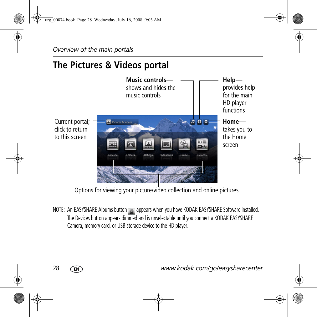 Overview of the main portals28 www.kodak.com/go/easysharecenterThe Pictures &amp; Videos portal NOTE:  An EASYSHARE Albums button   appears when you have KODAK EASYSHARE Software installed. The Devices button appears dimmed and is unselectable until you connect a KODAK EASYSHARE Camera, memory card, or USB storage device to the HD player.Options for viewing your picture/video collection and online pictures.Current portal;click to return to this screenHome—takes you to the Home screenMusic controls—shows and hides the music controlsHelp—provides help for the main HD player functionsurg_00874.book  Page 28  Wednesday, July 16, 2008  9:03 AM