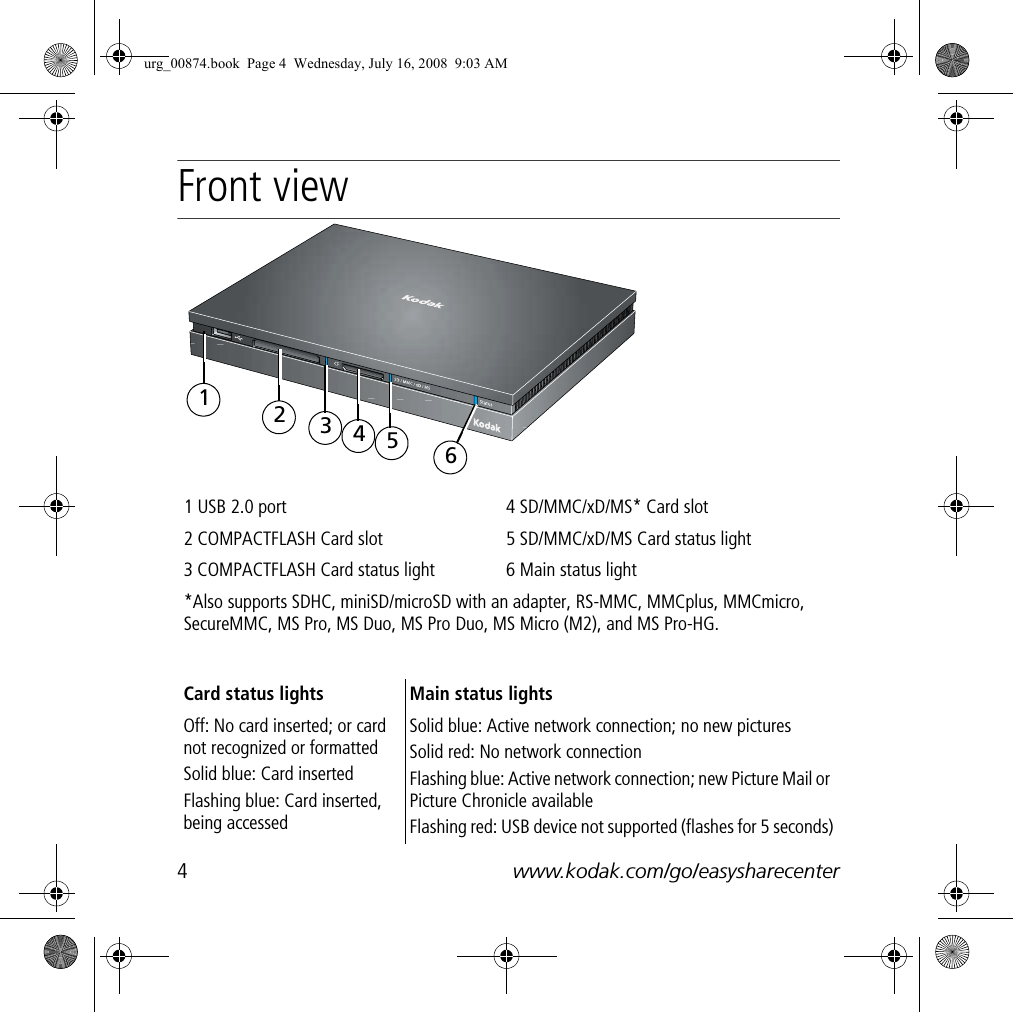 4www.kodak.com/go/easysharecenterENGLISHFront view1 USB 2.0 port 4 SD/MMC/xD/MS* Card slot2 COMPACTFLASH Card slot 5 SD/MMC/xD/MS Card status light3 COMPACTFLASH Card status light 6 Main status light*Also supports SDHC, miniSD/microSD with an adapter, RS-MMC, MMCplus, MMCmicro, SecureMMC, MS Pro, MS Duo, MS Pro Duo, MS Micro (M2), and MS Pro-HG.Card status lights Main status lightsOff: No card inserted; or card not recognized or formattedSolid blue: Card insertedFlashing blue: Card inserted, being accessedSolid blue: Active network connection; no new picturesSolid red: No network connectionFlashing blue: Active network connection; new Picture Mail or Picture Chronicle availableFlashing red: USB device not supported (flashes for 5 seconds)123456urg_00874.book  Page 4  Wednesday, July 16, 2008  9:03 AM