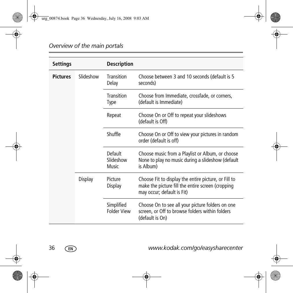 Overview of the main portals36 www.kodak.com/go/easysharecenterSettings DescriptionPictures Slideshow Transition DelayChoose between 3 and 10 seconds (default is 5 seconds)Transition Type Choose from Immediate, crossfade, or corners, (default is Immediate)Repeat Choose On or Off to repeat your slideshows (default is Off)Shuffle Choose On or Off to view your pictures in random order (default is off)Default Slideshow MusicChoose music from a Playlist or Album, or choose None to play no music during a slideshow (default is Album)Display Picture DisplayChoose Fit to display the entire picture, or Fill to make the picture fill the entire screen (cropping may occur; default is Fit)Simplified Folder ViewChoose On to see all your picture folders on one screen, or Off to browse folders within folders (default is On)urg_00874.book  Page 36  Wednesday, July 16, 2008  9:03 AM