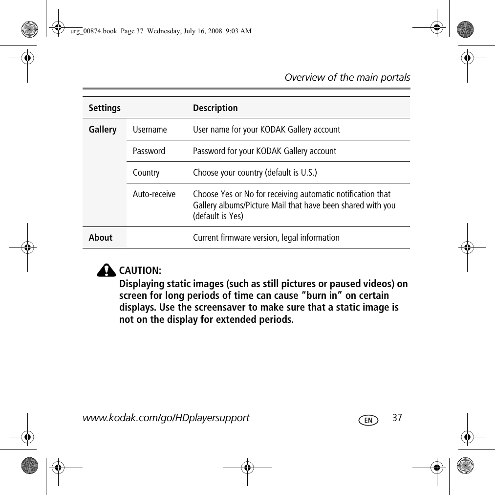 Overview of the main portalswww.kodak.com/go/HDplayersupport  37CAUTION:Displaying static images (such as still pictures or paused videos) on screen for long periods of time can cause “burn in” on certain displays. Use the screensaver to make sure that a static image is not on the display for extended periods.Settings DescriptionGallery Username User name for your KODAK Gallery accountPassword Password for your KODAK Gallery accountCountry Choose your country (default is U.S.)Auto-receive Choose Yes or No for receiving automatic notification that Gallery albums/Picture Mail that have been shared with you (default is Yes)About Current firmware version, legal informationurg_00874.book  Page 37  Wednesday, July 16, 2008  9:03 AM