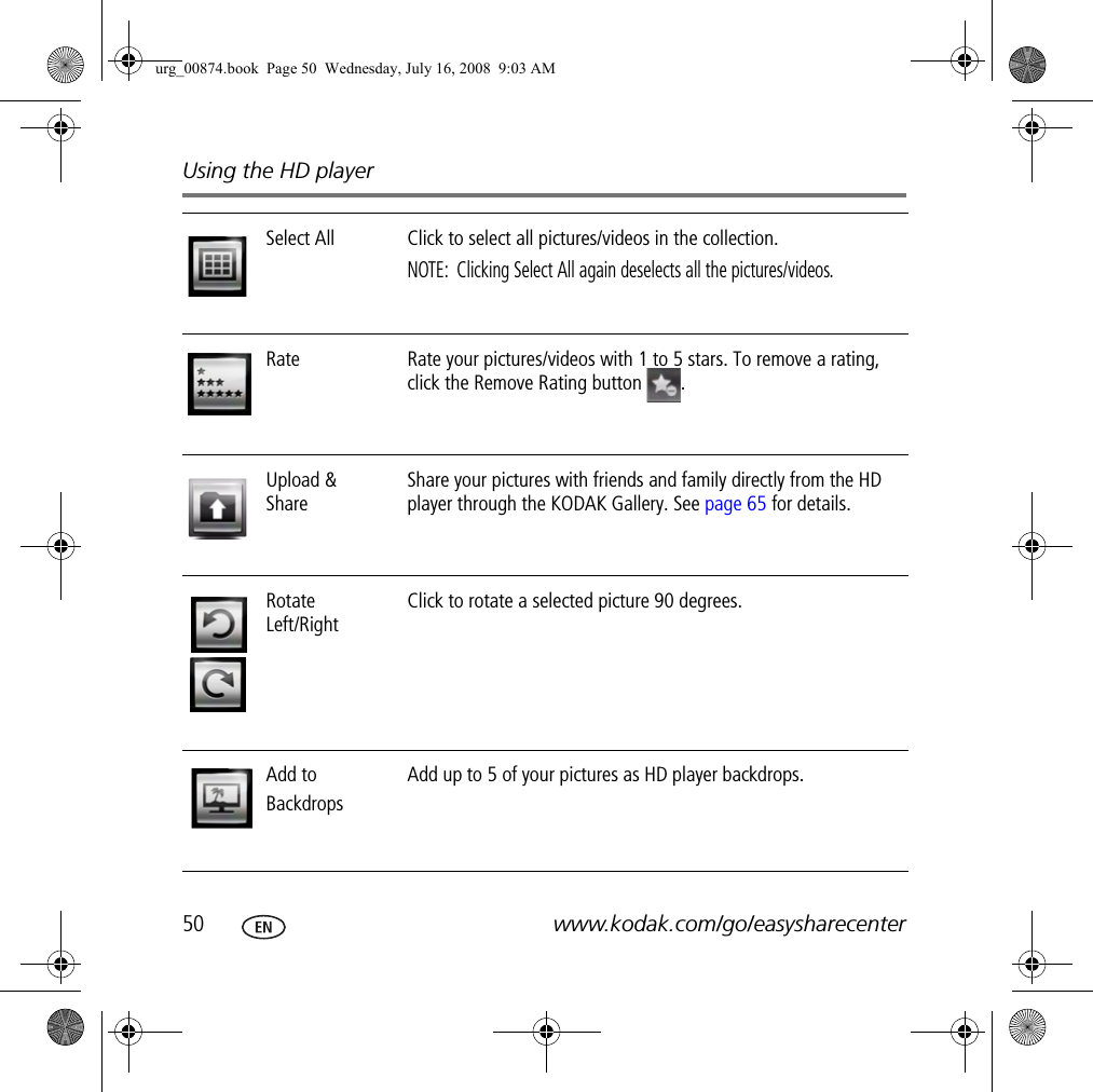 Using the HD player50 www.kodak.com/go/easysharecenterSelect All Click to select all pictures/videos in the collection. NOTE:  Clicking Select All again deselects all the pictures/videos.Rate Rate your pictures/videos with 1 to 5 stars. To remove a rating, click the Remove Rating button  .Upload &amp; ShareShare your pictures with friends and family directly from the HD player through the KODAK Gallery. See page 65 for details.Rotate Left/RightClick to rotate a selected picture 90 degrees.Add toBackdropsAdd up to 5 of your pictures as HD player backdrops.urg_00874.book  Page 50  Wednesday, July 16, 2008  9:03 AM