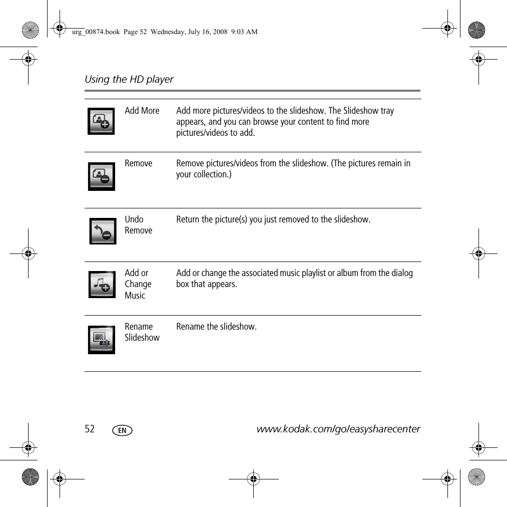 Using the HD player52 www.kodak.com/go/easysharecenterAdd More Add more pictures/videos to the slideshow. The Slideshow tray appears, and you can browse your content to find more pictures/videos to add.Remove Remove pictures/videos from the slideshow. (The pictures remain in your collection.)Undo RemoveReturn the picture(s) you just removed to the slideshow.Add or Change MusicAdd or change the associated music playlist or album from the dialog box that appears.Rename SlideshowRename the slideshow.urg_00874.book  Page 52  Wednesday, July 16, 2008  9:03 AM