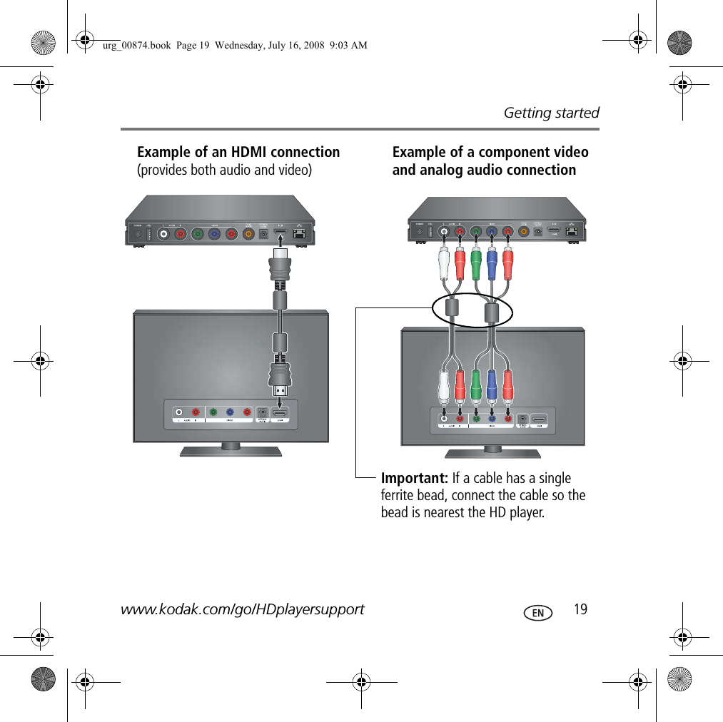 Getting startedwww.kodak.com/go/HDplayersupport  19Example of an HDMI connection (provides both audio and video) Example of a component video and analog audio connectionImportant: If a cable has a single ferrite bead, connect the cable so the bead is nearest the HD player.urg_00874.book  Page 19  Wednesday, July 16, 2008  9:03 AM