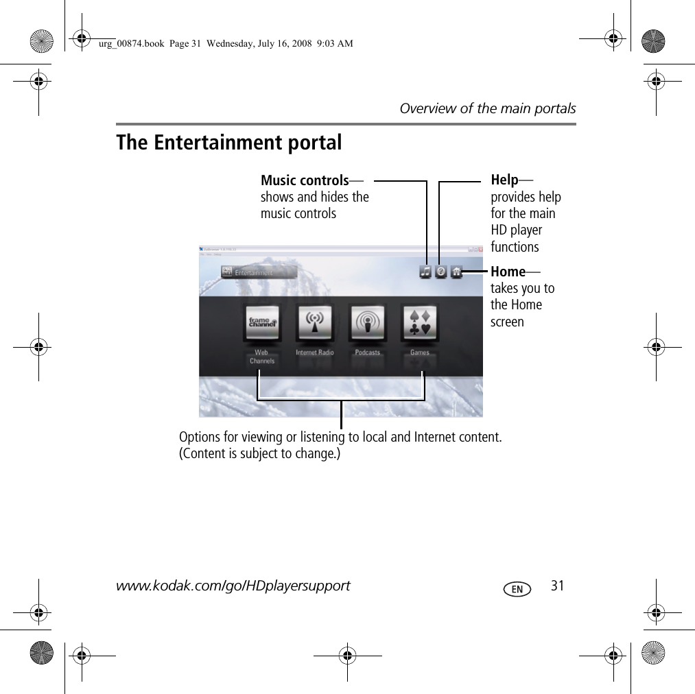 Overview of the main portalswww.kodak.com/go/HDplayersupport  31The Entertainment portalOptions for viewing or listening to local and Internet content. (Content is subject to change.)Help—provides help for the main HD player functionsHome—takes you to the Home screenMusic controls—shows and hides the music controlsurg_00874.book  Page 31  Wednesday, July 16, 2008  9:03 AM