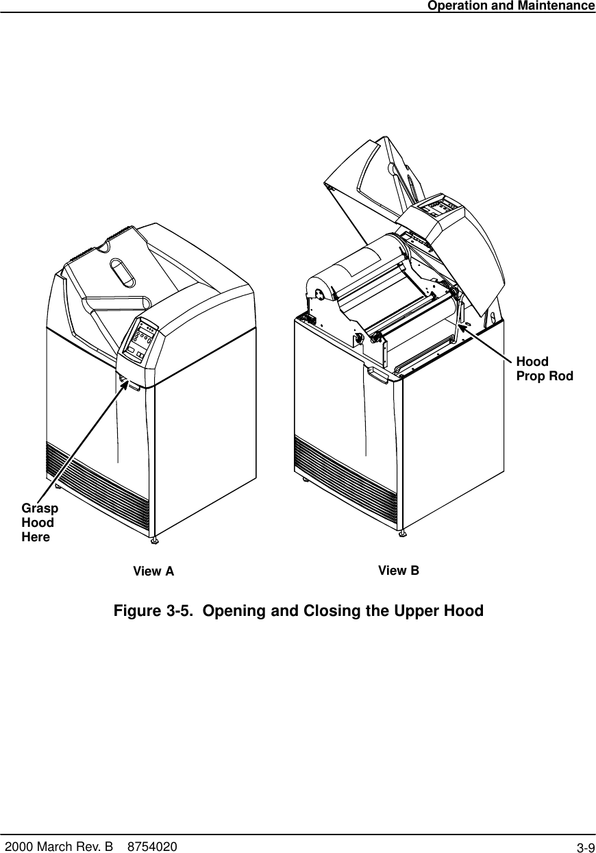 Operation and Maintenance3-9 2000 March Rev. B    8754020View A View BGraspHoodHereHoodProp RodFigure 3-5. Opening and Closing the Upper Hood