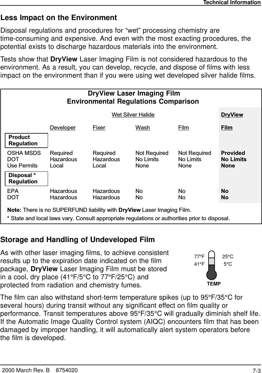 77°F41°F25°C5°CTEMPTechnical Information7-3 2000 March Rev. B    8754020Less Impact on the EnvironmentDisposal regulations and procedures for “wet” processing chemistry aretime-consuming and expensive. And even with the most exacting procedures, thepotential exists to discharge hazardous materials into the environment.Tests show that DryView Laser Imaging Film is not considered hazardous to theenvironment. As a result, you can develop, recycle, and dispose of films with lessimpact on the environment than if you were using wet developed silver halide films. DryView Laser Imaging FilmEnvironmental Regulations ComparisonWet Silver Halide DryViewDeveloper Fixer Wash Film FilmProductRegulationOSHA MSDSDOTUse PermitsRequiredHazardousLocalRequiredHazardousLocalNot RequiredNo LimitsNoneNot RequiredNo LimitsNoneProvidedNo LimitsNoneDisposal *RegulationEPADOTHazardousHazardousHazardousHazardousNoNoNoNoNoNoNote: There is no SUPERFUND liability with DryView Laser Imaging Film.* State and local laws vary. Consult appropriate regulations or authorities prior to disposal.Storage and Handling of Undeveloped FilmAs with other laser imaging films, to achieve consistentresults up to the expiration date indicated on the filmpackage, DryView Laser Imaging Film must be storedin a cool, dry place (41°F/5°C to 77°F/25°C) andprotected from radiation and chemistry fumes.The film can also withstand short-term temperature spikes (up to 95°F/35°C forseveral hours) during transit without any significant effect on film quality orperformance. Transit temperatures above 95°F/35°C will gradually diminish shelf life.If the Automatic Image Quality Control system (AIQC) encounters film that has beendamaged by improper handling, it will automatically alert system operators beforethe film is developed.