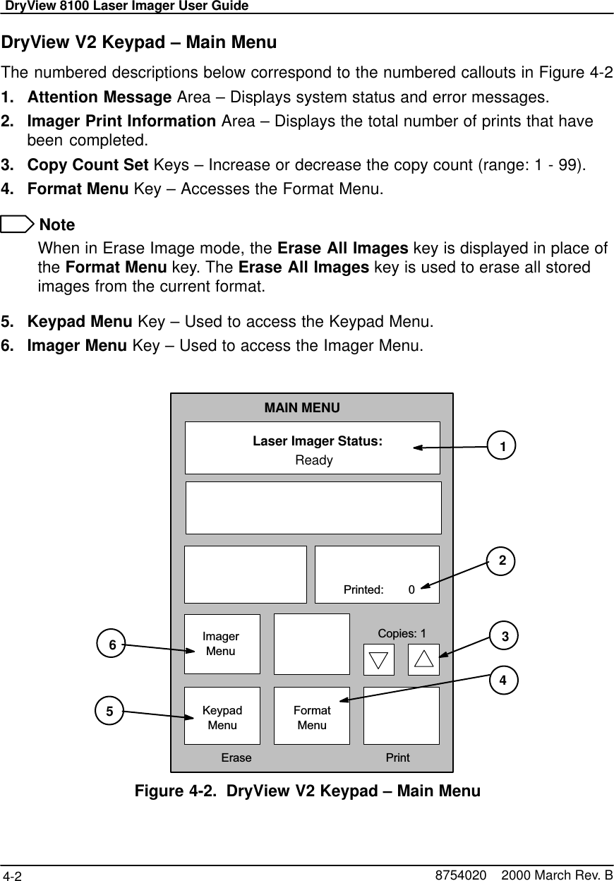 DryView 8100 Laser Imager User Guide4-2 8754020    2000 March Rev. BDryView V2 Keypad – Main MenuThe numbered descriptions below correspond to the numbered callouts in Figure 4-21. Attention Message Area – Displays system status and error messages.2. Imager Print Information Area – Displays the total number of prints that havebeen completed.3. Copy Count Set Keys – Increase or decrease the copy count (range: 1 - 99).4. Format Menu Key – Accesses the Format Menu. NoteWhen in Erase Image mode, the Erase All Images key is displayed in place ofthe Format Menu key. The Erase All Images key is used to erase all storedimages from the current format.5. Keypad Menu Key – Used to access the Keypad Menu.6. Imager Menu Key – Used to access the Imager Menu.Laser Imager Status:MAIN MENUReady   Printed:        0ImagerMenuKeypadMenuFormatMenu    Erase PrintCopies: 1123456Figure 4-2. DryView V2 Keypad – Main Menu