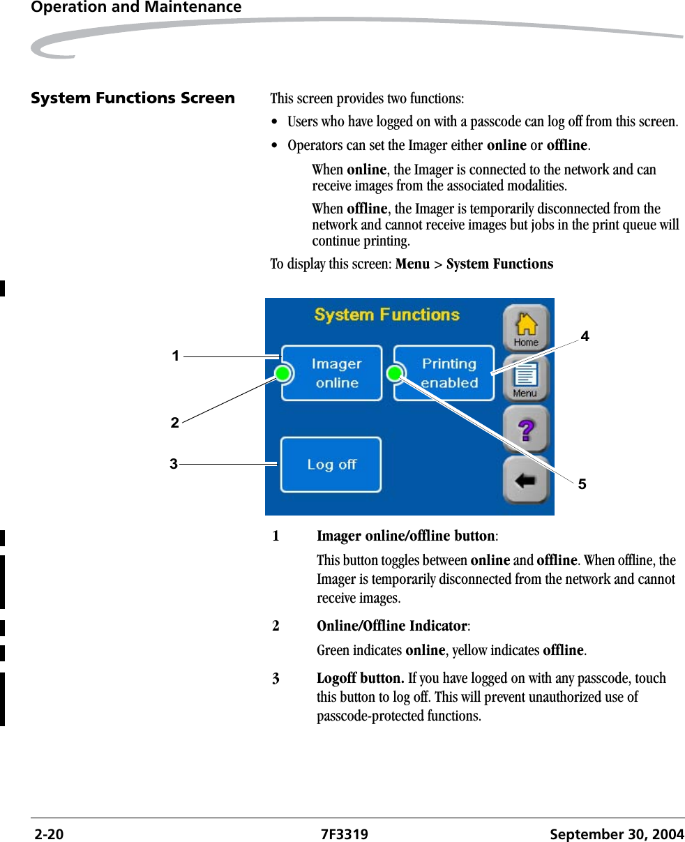  2-20 7F3319 September 30, 2004Operation and MaintenanceSystem Functions Screen This screen provides two functions:• Users who have logged on with a passcode can log off from this screen.• Operators can set the Imager either online or offline.When online, the Imager is connected to the network and can receive images from the associated modalities.When offline, the Imager is temporarily disconnected from the network and cannot receive images but jobs in the print queue will continue printing.To display this screen: Menu &gt; System Functions1 Imager online/offline button:This button toggles between online and offline. When offline, the Imager is temporarily disconnected from the network and cannot receive images.2 Online/Offline Indicator:Green indicates online, yellow indicates offline.3 Logoff button. If you have logged on with any passcode, touch this button to log off. This will prevent unauthorized use of passcode-protected functions.31245
