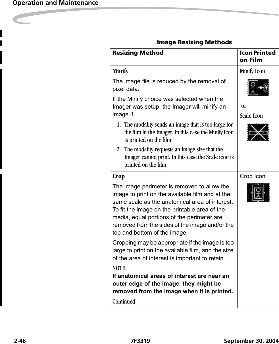  2-46 7F3319 September 30, 2004Operation and MaintenanceImage Resizing MethodsResizing Method Icon Printed on FilmMinifyThe image file is reduced by the removal of pixel data.If the Minify choice was selected when the Imager was setup, the Imager will minify an image if:1. The modality sends an image that is too large for the film in the Imager. In this case the Minify icon is printed on the film.2. The modality requests an image size that the Imager cannot print. In this case the Scale icon is printed on the film.Minify Icon orScale IconCropThe image perimeter is removed to allow the image to print on the available film and at the same scale as the anatomical area of interest. To fit the image on the printable area of the media, equal portions of the perimeter are removed from the sides of the image and/or the top and bottom of the image.Cropping may be appropriate if the image is too large to print on the available film, and the size of the area of interest is important to retain.NOTE: If anatomical areas of interest are near an outer edge of the image, they might be removed from the image when it is printed. ContinuedCrop Icon