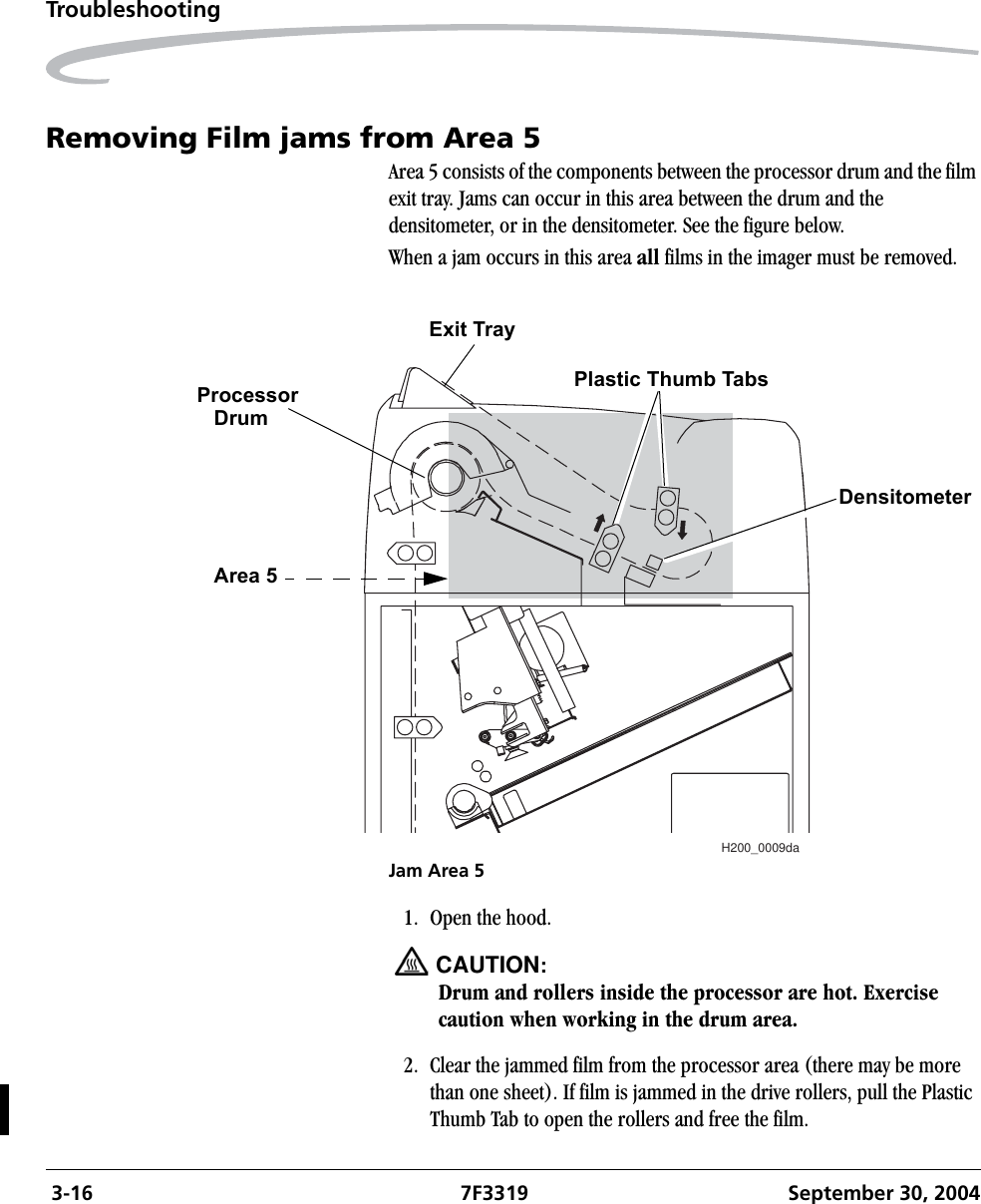  3-16 7F3319 September 30, 2004TroubleshootingRemoving Film jams from Area 5Area 5 consists of the components between the processor drum and the film exit tray. Jams can occur in this area between the drum and the densitometer, or in the densitometer. See the figure below.When a jam occurs in this area all films in the imager must be removed.Jam Area 51. Open the hood.CAUTION:Drum and rollers inside the processor are hot. Exercise caution when working in the drum area.2. Clear the jammed film from the processor area (there may be more than one sheet). If film is jammed in the drive rollers, pull the Plastic Thumb Tab to open the rollers and free the film.H200_0009daDensitometerPlastic Thumb TabsExit TrayProcessorDrumArea 5