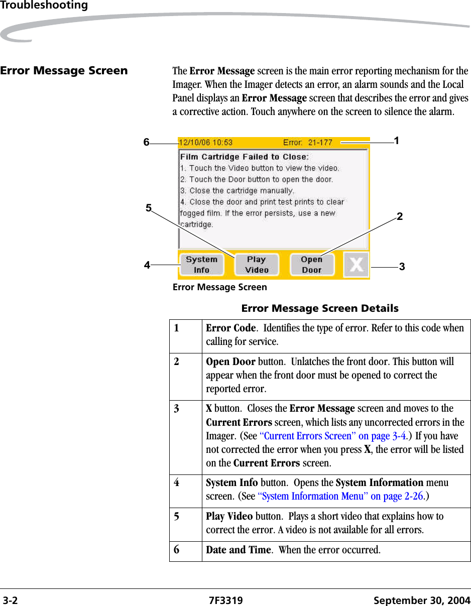  3-2 7F3319 September 30, 2004TroubleshootingError Message Screen The Error Message screen is the main error reporting mechanism for the Imager. When the Imager detects an error, an alarm sounds and the Local Panel displays an Error Message screen that describes the error and gives a corrective action. Touch anywhere on the screen to silence the alarm.Error Message Screen642315Error Message Screen Details1 Error Code.  Identifies the type of error. Refer to this code when calling for service.2 Open Door button.  Unlatches the front door. This button will appear when the front door must be opened to correct the reported error. 3X button.  Closes the Error Message screen and moves to the Current Errors screen, which lists any uncorrected errors in the Imager. (See “Current Errors Screen” on page 3-4.) If you have not corrected the error when you press X, the error will be listed on the Current Errors screen.4 System Info button.  Opens the System Information menu screen. (See “System Information Menu” on page 2-26.)5 Play Video button.  Plays a short video that explains how to correct the error. A video is not available for all errors.6 Date and Time.  When the error occurred.