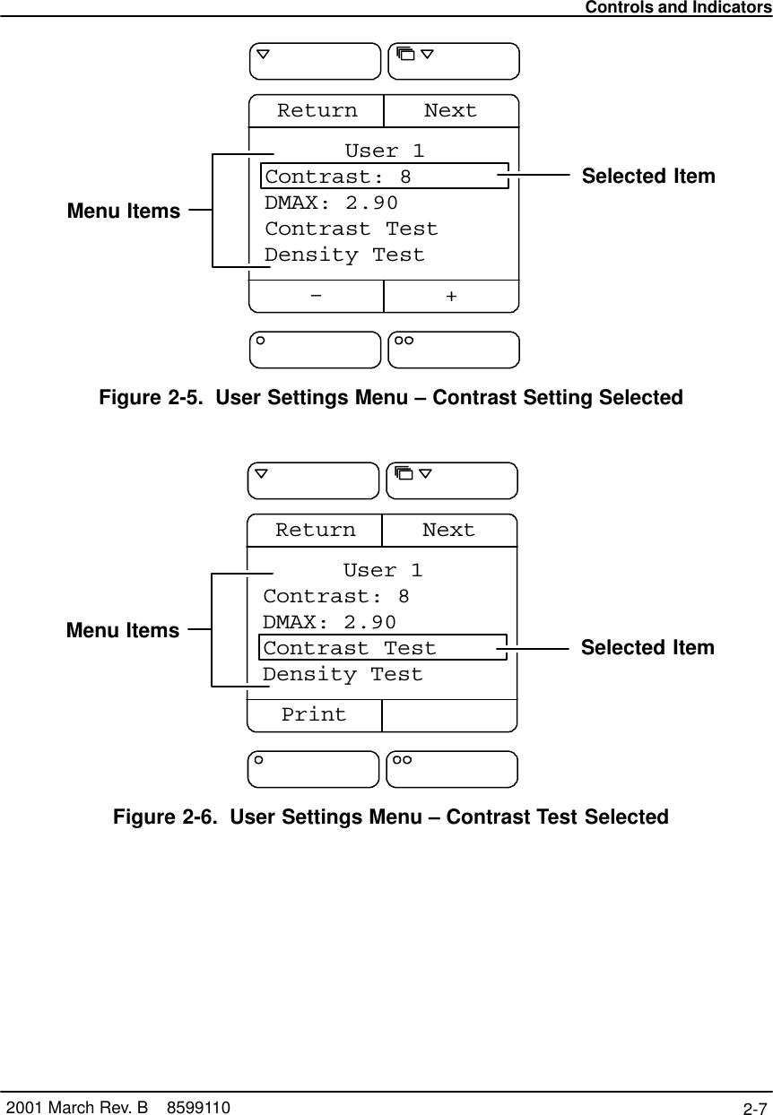 Controls and Indicators2-7 2001 March Rev. B    8599110      User 1Contrast: 8DMAX: 2.90Contrast TestDensity Test–+NextReturnMenu ItemsSelected ItemFigure 2-5. User Settings Menu – Contrast Setting Selected      User 1Contrast: 8DMAX: 2.90Contrast TestDensity TestPrintNextReturnMenu Items Selected ItemFigure 2-6. User Settings Menu – Contrast Test Selected