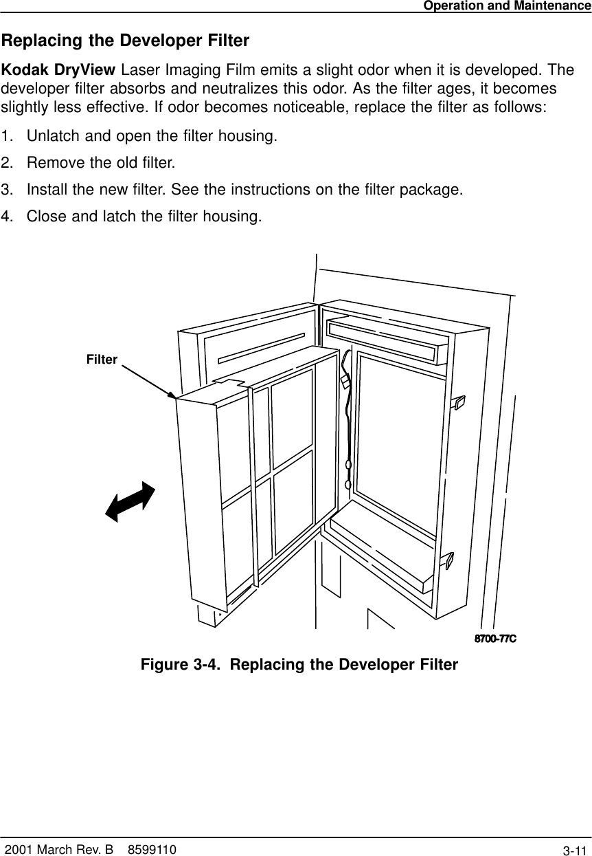 Operation and Maintenance3-11 2001 March Rev. B    8599110Replacing the Developer FilterKodak DryView Laser Imaging Film emits a slight odor when it is developed. Thedeveloper filter absorbs and neutralizes this odor. As the filter ages, it becomesslightly less effective. If odor becomes noticeable, replace the filter as follows:1. Unlatch and open the filter housing.2. Remove the old filter.3. Install the new filter. See the instructions on the filter package.4. Close and latch the filter housing.FilterFigure 3-4. Replacing the Developer Filter