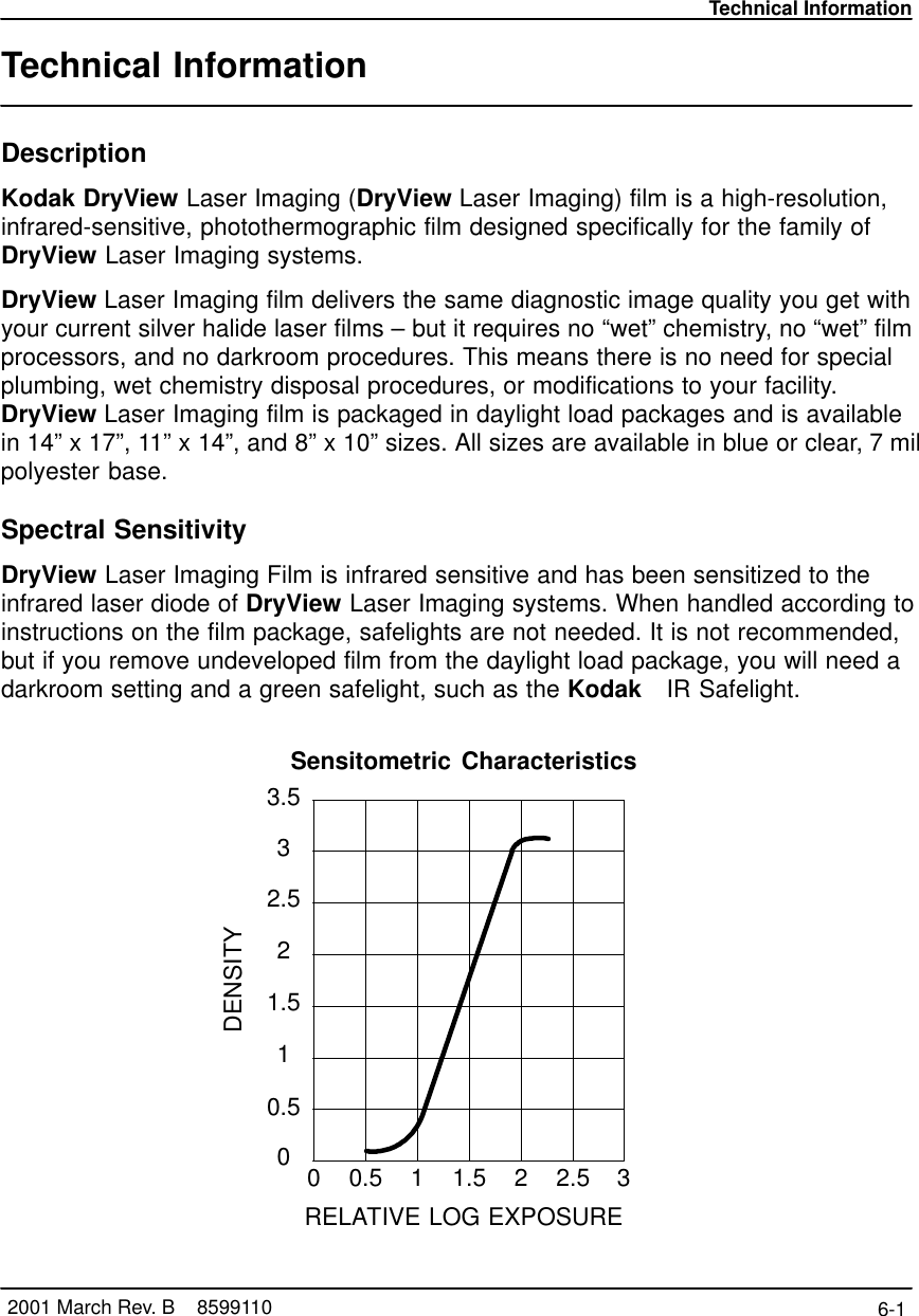 Technical Information6-1 2001 March Rev. B    8599110Technical InformationDescriptionKodak DryView Laser Imaging (DryView Laser Imaging) film is a high-resolution,infrared-sensitive, photothermographic film designed specifically for the family ofDryView Laser Imaging systems.DryView Laser Imaging film delivers the same diagnostic image quality you get withyour current silver halide laser films – but it requires no “wet” chemistry, no “wet” filmprocessors, and no darkroom procedures. This means there is no need for specialplumbing, wet chemistry disposal procedures, or modifications to your facility.DryView Laser Imaging film is packaged in daylight load packages and is availablein 14” x 17”, 11” x 14”, and 8” x 10” sizes. All sizes are available in blue or clear, 7 milpolyester base.Spectral SensitivityDryView Laser Imaging Film is infrared sensitive and has been sensitized to theinfrared laser diode of DryView Laser Imaging systems. When handled according toinstructions on the film package, safelights are not needed. It is not recommended,but if you remove undeveloped film from the daylight load package, you will need adarkroom setting and a green safelight, such as the Kodak IR Safelight.Sensitometric CharacteristicsRELATIVE LOG EXPOSURE0 0.5 1 1.5 2 2.5 300.511.522.533.5DENSITY