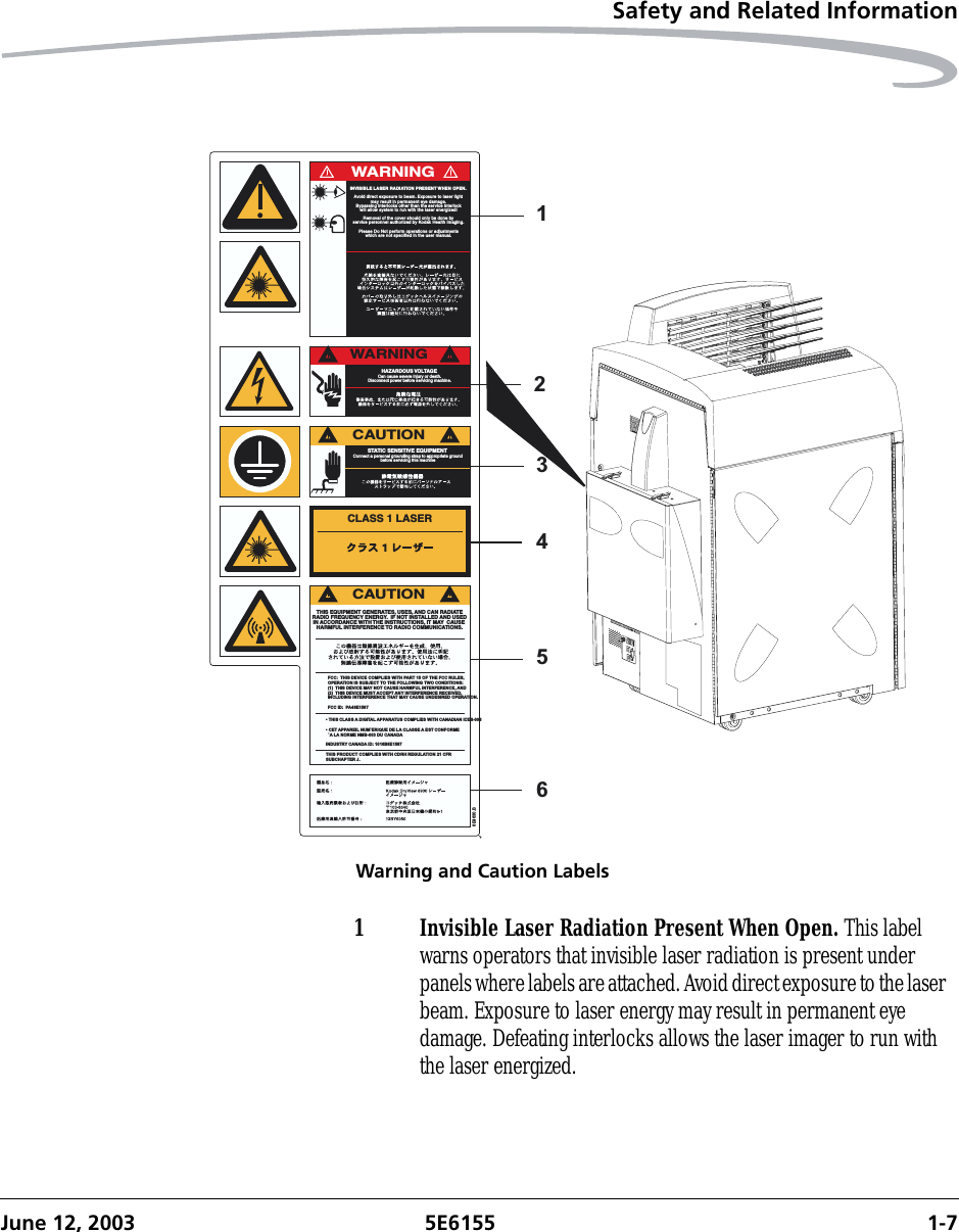 Safety and Related InformationJune 12, 2003 5E6155 1-7Warning and Caution Labels154326WARNINGINVISIBLE LASER RADIATION PRESENT WHEN OPEN.Avoid direct exposure to beam. Exposure to laser lightmay result in permanent eye damage.Bypassing interlocks other than the service interlockwill allow system to run with the laser energized!Removal of the cover should only be done byservice personnel authorized by Kodak Health Imaging.Please Do Not perform operations or adjustmentswhich are not specified in the user manual.WARNINGCan cause severe injury or death.Disconnect power before servicing machine.HAZARDOUS VOLTAGECAUTIONSTATIC SENSITIVE EQUIPMENTConnect a personal grounding strap to appropriate groundbefore servicing this machineCLASS 1 LASERCAUTIONTHIS EQUIPMENT GENERATES, USES, AND CAN RADIATERADIO FREQUENCY ENERGY.  IF NOT INSTALLED AND USEDIN ACCORDANCE WITH THE INSTRUCTIONS, IT MAY  CAUSEHARMFUL INTERFERENCE TO RADIO COMMUNICATIONS.FCC:  THIS DEVICE COMPLIES WITH PART 15 OF THE FCC RULES,OPERATION IS SUBJECT TO THE FOLLOWING TWO CONDITIONS:(1)  THIS DEVICE MAY NOT CAUSE HARMFUL INTERFERENCE, AND(2)  THIS DEVICE MUST ACCEPT ANY INTERFERENCE RECEIVED,INCLUDING INTERFERENCE THAT MAY CAUSE UNDESIRED OPERATION.FCC ID:  PA48E1587 THIS CLASS A DIGITAL APPARATUS COMPLIES WITH CANADIAN ICES-003 CET APPAREIL NUM`ERIQUE DE LA CLASSE A EST CONFORME  `A LA NORME NMB-003 DU CANADAINDUSTRY CANADA ID: 1016B8E1587THIS PRODUCT COMPLIES WITH CDRH REGULATION 21 CFRSUBCHAPTER J.8E4630.B1 Invisible Laser Radiation Present When Open. This label warns operators that invisible laser radiation is present under panels where labels are attached. Avoid direct exposure to the laser beam. Exposure to laser energy may result in permanent eye damage. Defeating interlocks allows the laser imager to run with the laser energized.