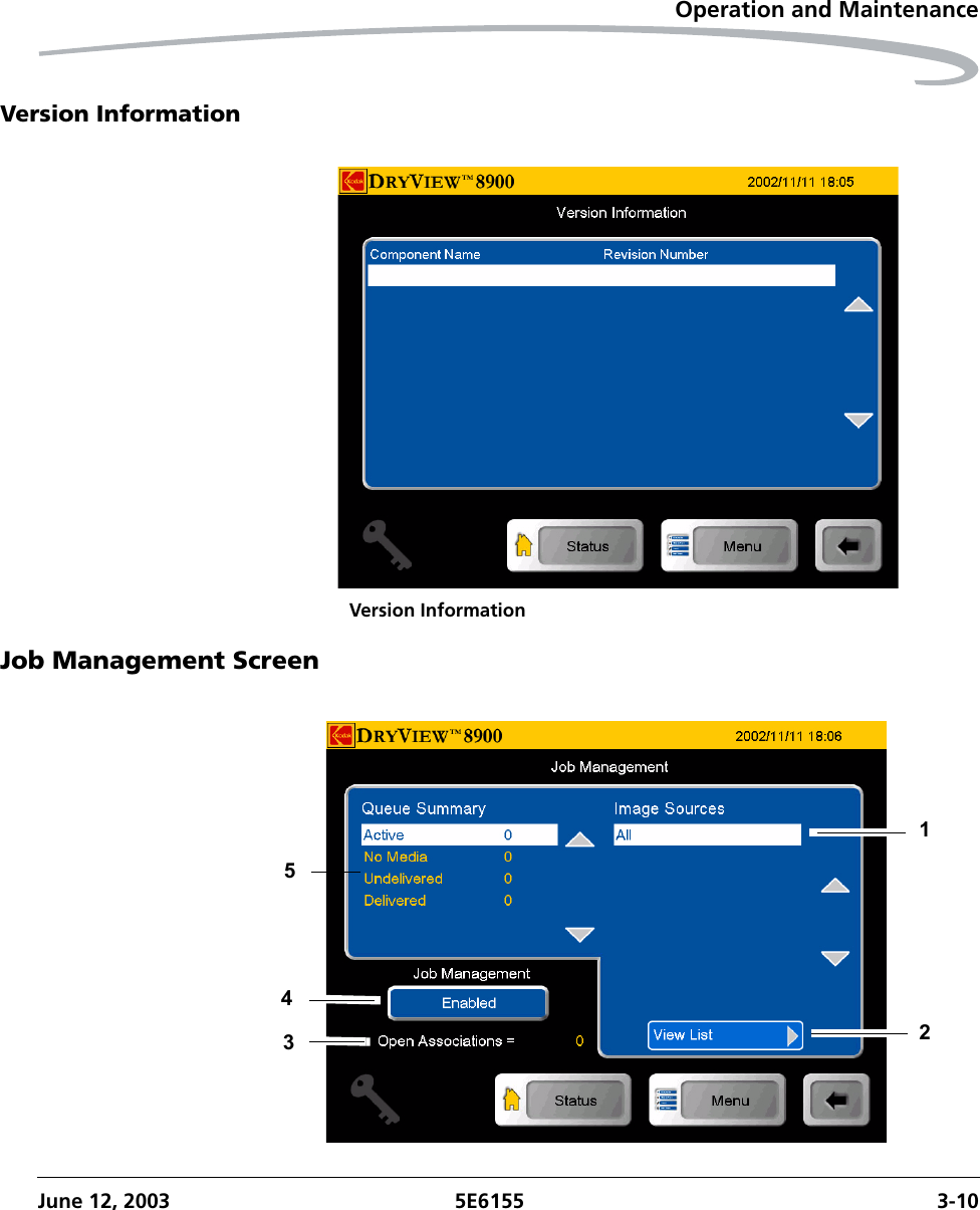 Operation and MaintenanceJune 12, 2003 5E6155 3-10Version InformationVersion InformationJob Management Screen12534