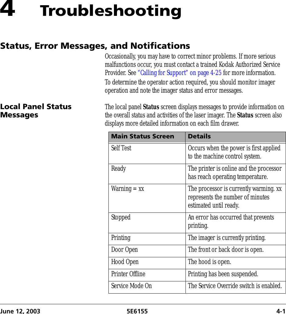 June 12, 2003 5E6155 4-14TroubleshootingStatus, Error Messages, and NotificationsOccasionally, you may have to correct minor problems. If more serious malfunctions occur, you must contact a trained Kodak Authorized Service Provider. See “Calling for Support” on page 4-25 for more information.To determine the operator action required, you should monitor imager operation and note the imager status and error messages.Local Panel Status Messages The local panel Status screen displays messages to provide information on the overall status and activities of the laser imager. The Status screen also displays more detailed information on each film drawer.Main Status Screen DetailsSelf Test Occurs when the power is first applied to the machine control system.Ready The printer is online and the processor has reach operating temperature.Warning = xx The processor is currently warming. xx represents the number of minutes estimated until ready.Stopped An error has occurred that prevents printing.Printing The imager is currently printing.Door Open The front or back door is open.Hood Open The hood is open.Printer Offline Printing has been suspended.Service Mode On The Service Override switch is enabled.