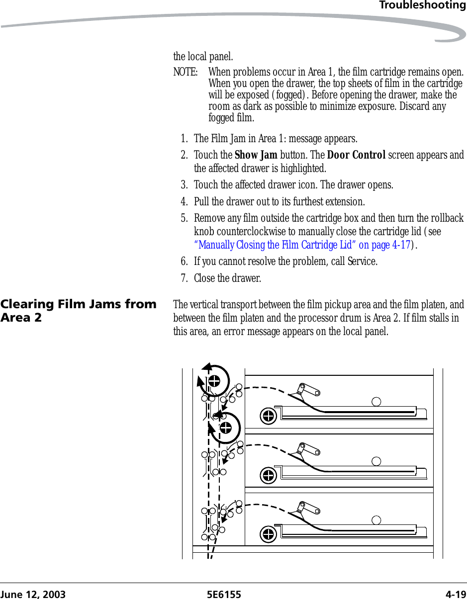 TroubleshootingJune 12, 2003 5E6155 4-19the local panel. NOTE:  When problems occur in Area 1, the film cartridge remains open. When you open the drawer, the top sheets of film in the cartridge will be exposed (fogged). Before opening the drawer, make the room as dark as possible to minimize exposure. Discard any fogged film.1. The Film Jam in Area 1: message appears.2. Touch the Show Jam button. The Door Control screen appears and the affected drawer is highlighted.3. Touch the affected drawer icon. The drawer opens. 4. Pull the drawer out to its furthest extension.5. Remove any film outside the cartridge box and then turn the rollback knob counterclockwise to manually close the cartridge lid (see “Manually Closing the Film Cartridge Lid” on page 4-17).6. If you cannot resolve the problem, call Service.7. Close the drawer.Clearing Film Jams from Area 2 The vertical transport between the film pickup area and the film platen, and between the film platen and the processor drum is Area 2. If film stalls in this area, an error message appears on the local panel.