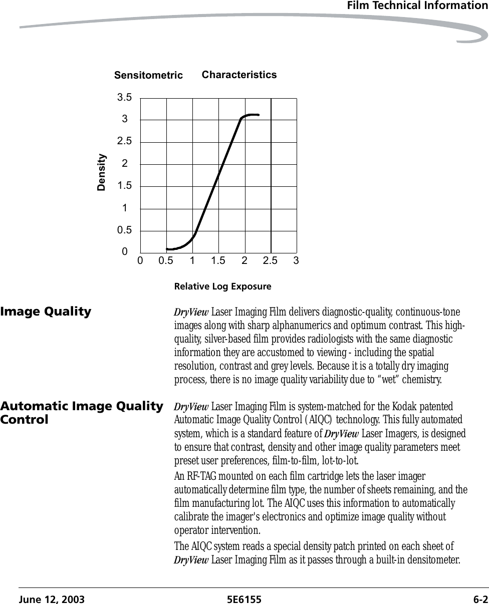 Film Technical InformationJune 12, 2003 5E6155 6-2Relative Log ExposureImage Quality DryView Laser Imaging Film delivers diagnostic-quality, continuous-tone images along with sharp alphanumerics and optimum contrast. This high-quality, silver-based film provides radiologists with the same diagnostic information they are accustomed to viewing - including the spatial resolution, contrast and grey levels. Because it is a totally dry imaging process, there is no image quality variability due to “wet” chemistry.Automatic Image Quality ControlDryView Laser Imaging Film is system-matched for the Kodak patented Automatic Image Quality Control (AIQC) technology. This fully automated system, which is a standard feature of DryView Laser Imagers, is designed to ensure that contrast, density and other image quality parameters meet preset user preferences, film-to-film, lot-to-lot.An RF-TAG mounted on each film cartridge lets the laser imager automatically determine film type, the number of sheets remaining, and the film manufacturing lot. The AIQC uses this information to automatically calibrate the imager&apos;s electronics and optimize image quality without operator intervention.The AIQC system reads a special density patch printed on each sheet of DryView Laser Imaging Film as it passes through a built-in densitometer. 0 0.5 1 1.5 2 2.5 300.511.522.533.5Sensitometric CharacteristicsDensity
