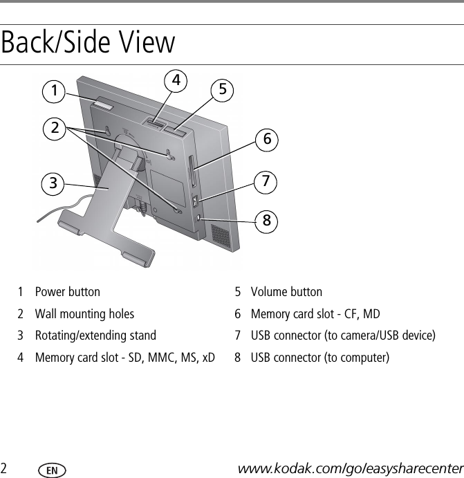 2www.kodak.com/go/easysharecenterBack/Side View1 Power button 5 Volume button2 Wall mounting holes  6 Memory card slot - CF, MD3 Rotating/extending stand 7 USB connector (to camera/USB device)4 Memory card slot - SD, MMC, MS, xD 8 USB connector (to computer)956784123