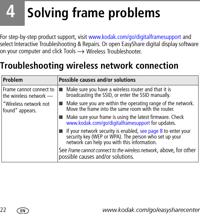 22 www.kodak.com/go/easysharecenter4Solving frame problemsFor step-by-step product support, visit www.kodak.com/go/digitalframesupport and select Interactive Troubleshooting &amp; Repairs. Or open EasyShare digital display software on your computer and click Tools → Wireless Troubleshooter.Troubleshooting wireless network connectionProblem Possible causes and/or solutionsFrame cannot connect to the wireless network —“Wireless network not found” appears.■Make sure you have a wireless router and that it is broadcasting the SSID, or enter the SSID manually.■Make sure you are within the operating range of the network. Move the frame into the same room with the router.■Make sure your frame is using the latest firmware. Check www.kodak.com/go/digitalframesupport for updates.■If your network security is enabled, see page 8 to enter your security key (WEP or WPA). The person who set up your network can help you with this information.See Frame cannot connect to the wireless network, above, for other possible causes and/or solutions.