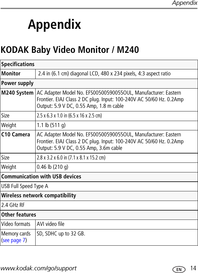 Appendixwww.kodak.com/go/support  143AppendixKODAK Baby Video Monitor / M240 SpecificationsMonitor  2.4 in (6.1 cm) diagonal LCD, 480 x 234 pixels, 4:3 aspect ratioPower supply M240 System AC Adapter Model No. EFS00500590055OUL, Manufacturer: Eastern Frontier. EIAJ Class 2 DC plug. Input: 100-240V AC 50/60 Hz. 0.2Amp Output: 5.9 V DC, 0.55 Amp, 1.8 m cableSize2.5 x 6.3 x 1.0 in (6.5 x 16 x 2.5 cm)Weight  1.1 lb (511 g) C10 Camera AC Adapter Model No. EFS00500590055OUL, Manufacturer: Eastern Frontier. EIAJ Class 2 DC plug. Input: 100-240V AC 50/60 Hz. 0.2Amp Output: 5.9 V DC, 0.55 Amp, 3.6m cableSize2.8 x 3.2 x 6.0 in (7.1 x 8.1 x 15.2 cm)Weight  0.46 lb (210 g)Communication with USB devicesUSB Full Speed Type AWireless network compatibility2.4 GHz RFOther featuresVideo formats AVI video fileMemory cards (see page 7)SD, SDHC up to 32 GB.