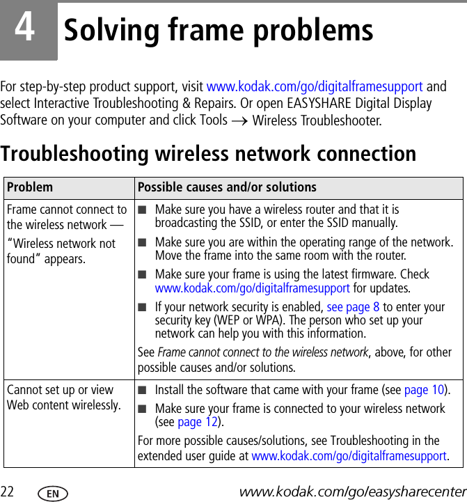 22 www.kodak.com/go/easysharecenter4Solving frame problemsFor step-by-step product support, visit www.kodak.com/go/digitalframesupport and select Interactive Troubleshooting &amp; Repairs. Or open EASYSHARE Digital Display Software on your computer and click Tools → Wireless Troubleshooter.Troubleshooting wireless network connectionProblem Possible causes and/or solutionsFrame cannot connect to the wireless network —“Wireless network not found” appears.■Make sure you have a wireless router and that it is broadcasting the SSID, or enter the SSID manually.■Make sure you are within the operating range of the network. Move the frame into the same room with the router.■Make sure your frame is using the latest firmware. Check www.kodak.com/go/digitalframesupport for updates.■If your network security is enabled, see page 8 to enter your security key (WEP or WPA). The person who set up your network can help you with this information.See Frame cannot connect to the wireless network, above, for other possible causes and/or solutions.Cannot set up or view Web content wirelessly.■Install the software that came with your frame (see page 10).■Make sure your frame is connected to your wireless network (see page 12).For more possible causes/solutions, see Troubleshooting in the extended user guide at www.kodak.com/go/digitalframesupport.