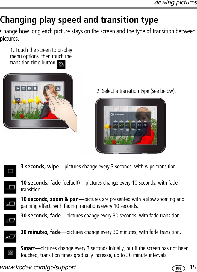 Viewing pictureswww.kodak.com/go/support  15Changing play speed and transition typeChange how long each picture stays on the screen and the type of transition between pictures.3 seconds, wipe—pictures change every 3 seconds, with wipe transition.10 seconds, fade (default)—pictures change every 10 seconds, with fade transition.10 seconds, zoom &amp; pan—pictures are presented with a slow zooming and panning effect, with fading transitions every 10 seconds.30 seconds, fade—pictures change every 30 seconds, with fade transition.30 minutes, fade—pictures change every 30 minutes, with fade transition.Smart—pictures change every 3 seconds initially, but if the screen has not been touched, transition times gradually increase, up to 30 minute intervals.1. Touch the screen to display menu options, then touch the transition time button .2. Select a transition type (see below).