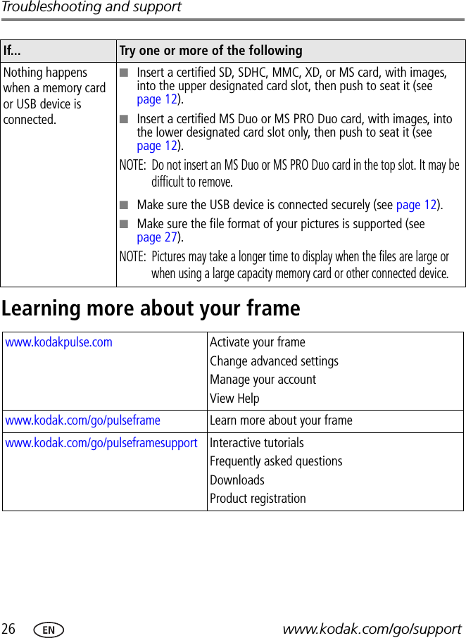 26 www.kodak.com/go/supportTroubleshooting and supportLearning more about your frameNothing happens when a memory card or USB device is connected.■Insert a certified SD, SDHC, MMC, XD, or MS card, with images, into the upper designated card slot, then push to seat it (see page 12).■Insert a certified MS Duo or MS PRO Duo card, with images, into the lower designated card slot only, then push to seat it (see page 12).NOTE:  Do not insert an MS Duo or MS PRO Duo card in the top slot. It may be difficult to remove.■Make sure the USB device is connected securely (see page 12).■Make sure the file format of your pictures is supported (see page 27).NOTE:  Pictures may take a longer time to display when the files are large or when using a large capacity memory card or other connected device.www.kodakpulse.com Activate your frameChange advanced settingsManage your accountView Helpwww.kodak.com/go/pulseframe Learn more about your framewww.kodak.com/go/pulseframesupport Interactive tutorialsFrequently asked questionsDownloadsProduct registrationIf... Try one or more of the following