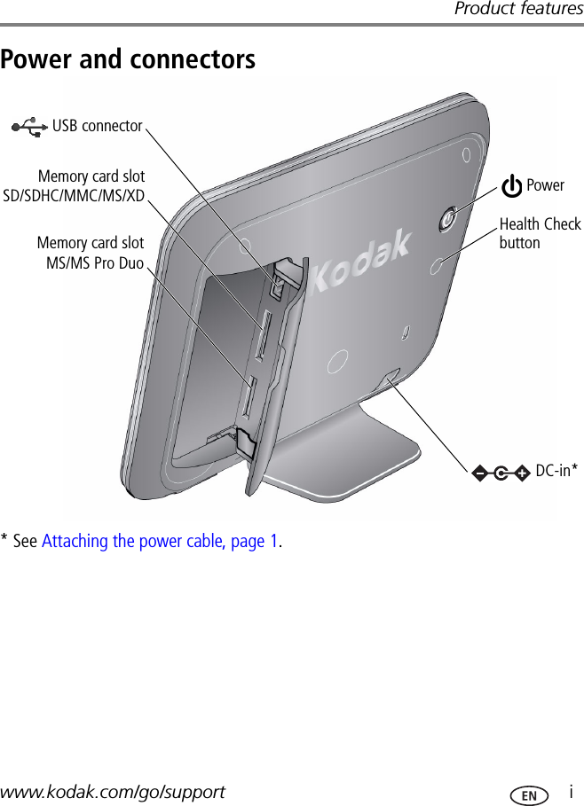 Product featureswww.kodak.com/go/support  iPower and connectors* See Attaching the power cable, page 1.PowerUSB connectorMemory card slotDC-in*Memory card slotMS/MS Pro DuoSD/SDHC/MMC/MS/XDHealth Check button