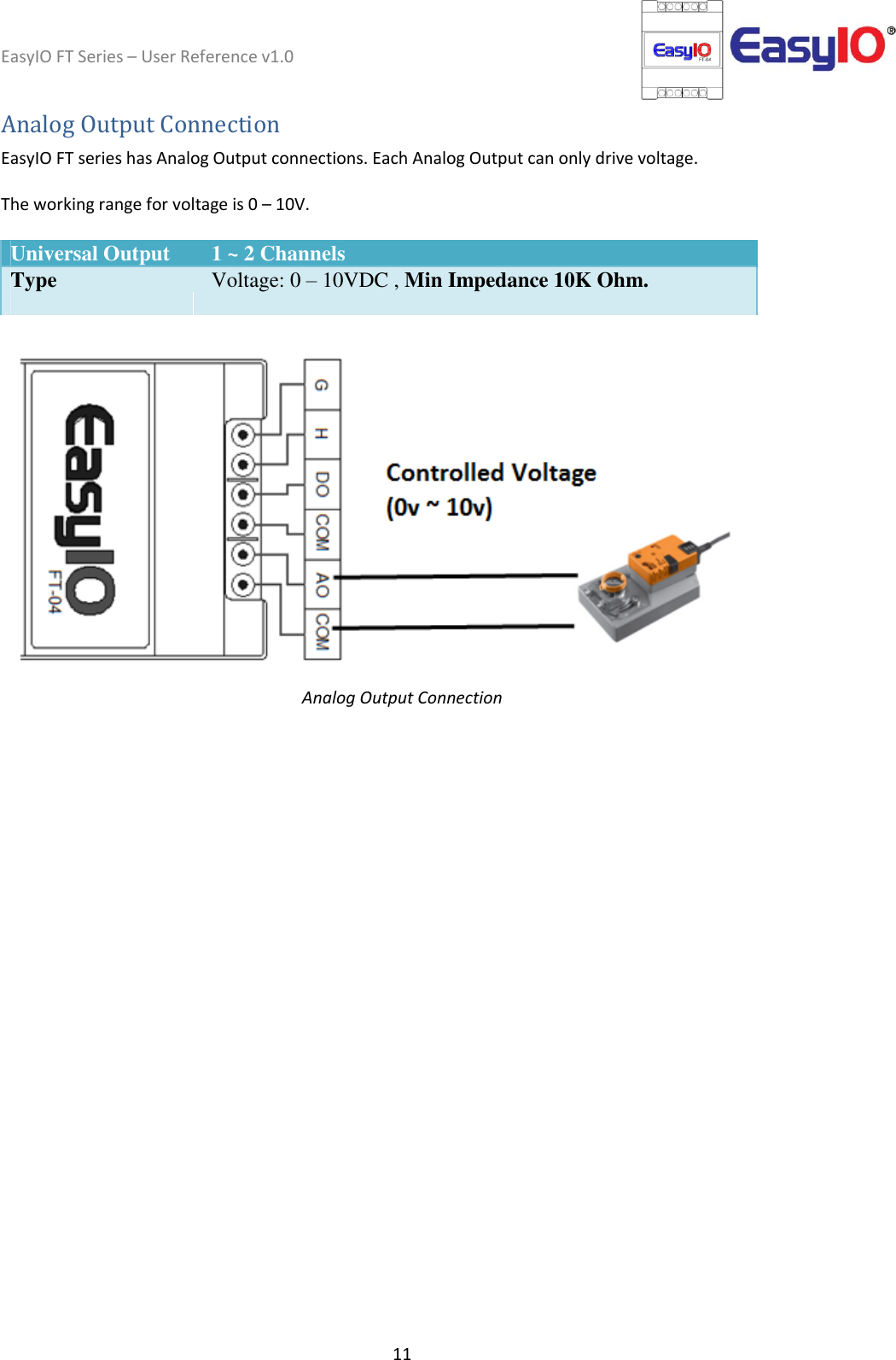 EasyIO FT Series – User Reference v1.0 11  Analog Output Connection  EasyIO FT series has Analog Output connections. Each Analog Output can only drive voltage.  The working range for voltage is 0 – 10V.   Universal Output  1 ~ 2 Channels      Type  Voltage: 0 – 10VDC , Min Impedance 10K Ohm.           Analog Output Connection   