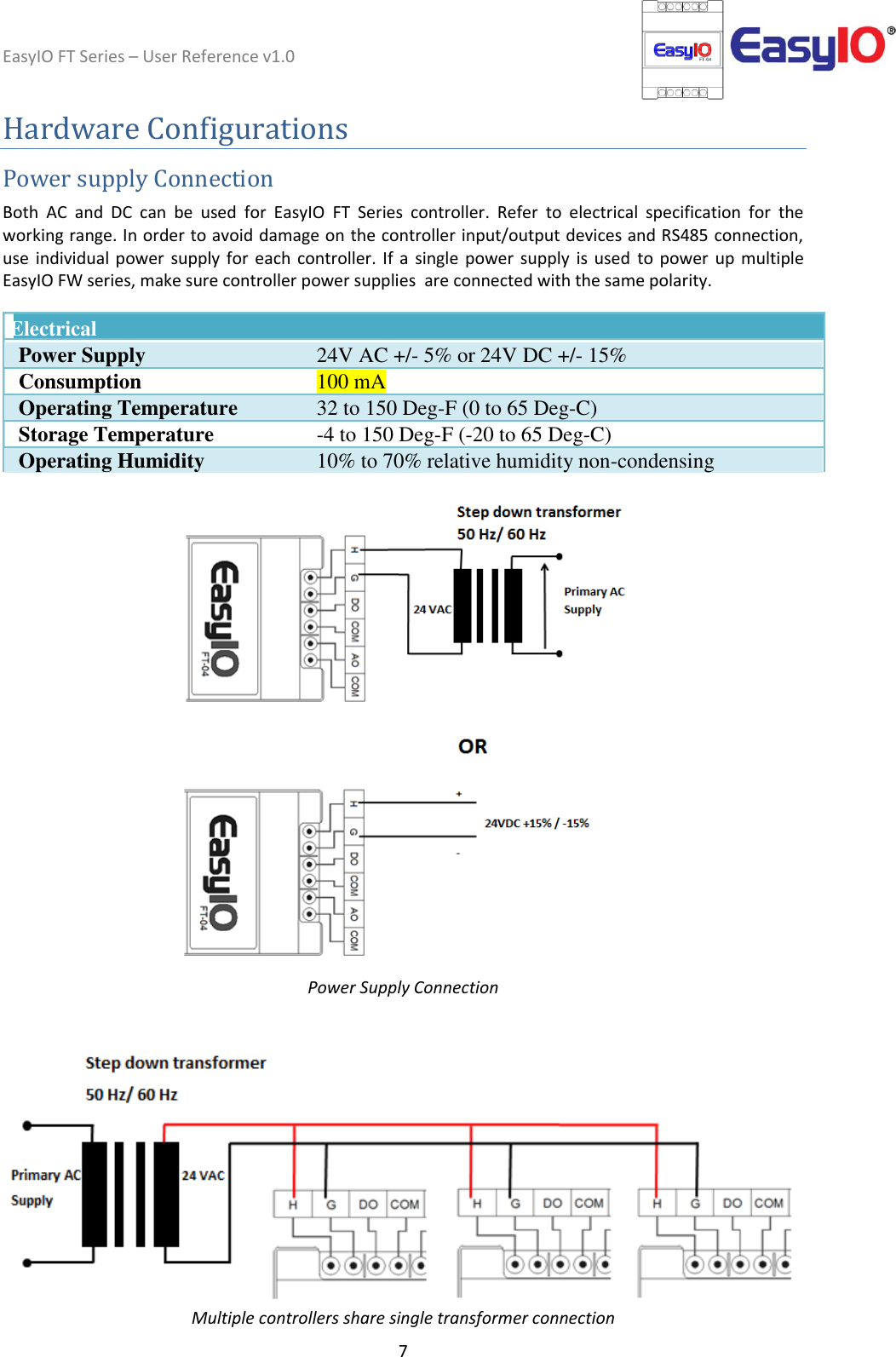 EasyIO FT Series – User Reference v1.0 7  Hardware Configurations Power supply Connection  Both  AC  and  DC  can  be  used  for  EasyIO  FT  Series  controller.  Refer  to  electrical  specification  for  the working range. In order to avoid damage on the controller input/output devices and RS485 connection, use  individual power  supply for  each controller. If  a  single  power  supply  is used  to  power  up  multiple EasyIO FW series, make sure controller power supplies  are connected with the same polarity.   Electrical   Power Supply 24V AC +/- 5% or 24V DC +/- 15%   Consumption 100 mA   Operating Temperature 32 to 150 Deg-F (0 to 65 Deg-C)   Storage Temperature -4 to 150 Deg-F (-20 to 65 Deg-C)   Operating Humidity 10% to 70% relative humidity non-condensing    Power Supply Connection    Multiple controllers share single transformer connection 