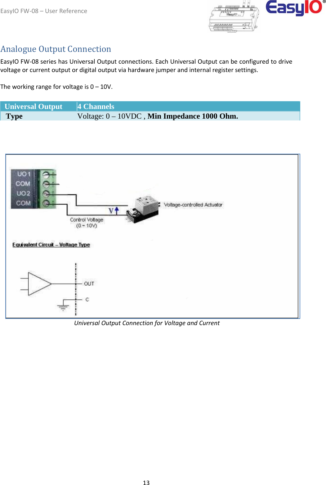 EasyIOFW‐08–UserReference13AnalogueOutputConnection  EasyIOFW‐08serieshasUniversalOutputconnections.EachUniversalOutputcanbeconfiguredtodrivevoltageorcurrentoutputordigitaloutputviahardwarejumperandinternalregistersettings.  Theworkingrangeforvoltageis0–10V.      Universal Output  4 Channels    Type   Voltage: 0 – 10VDC , Min Impedance 1000 Ohm.              UniversalOutputConnectionforVoltageandCurrent