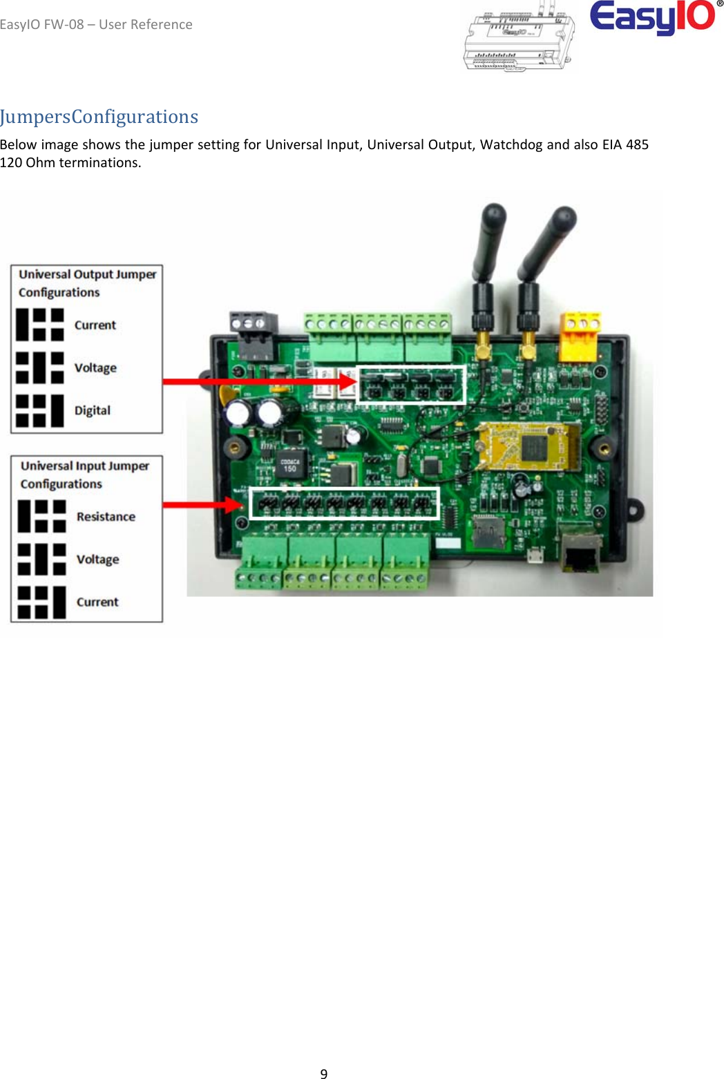 EasyIOFW‐08–UserReference9JumpersConfigurations  BelowimageshowsthejumpersettingforUniversalInput,UniversalOutput,WatchdogandalsoEIA485120Ohmterminations. 