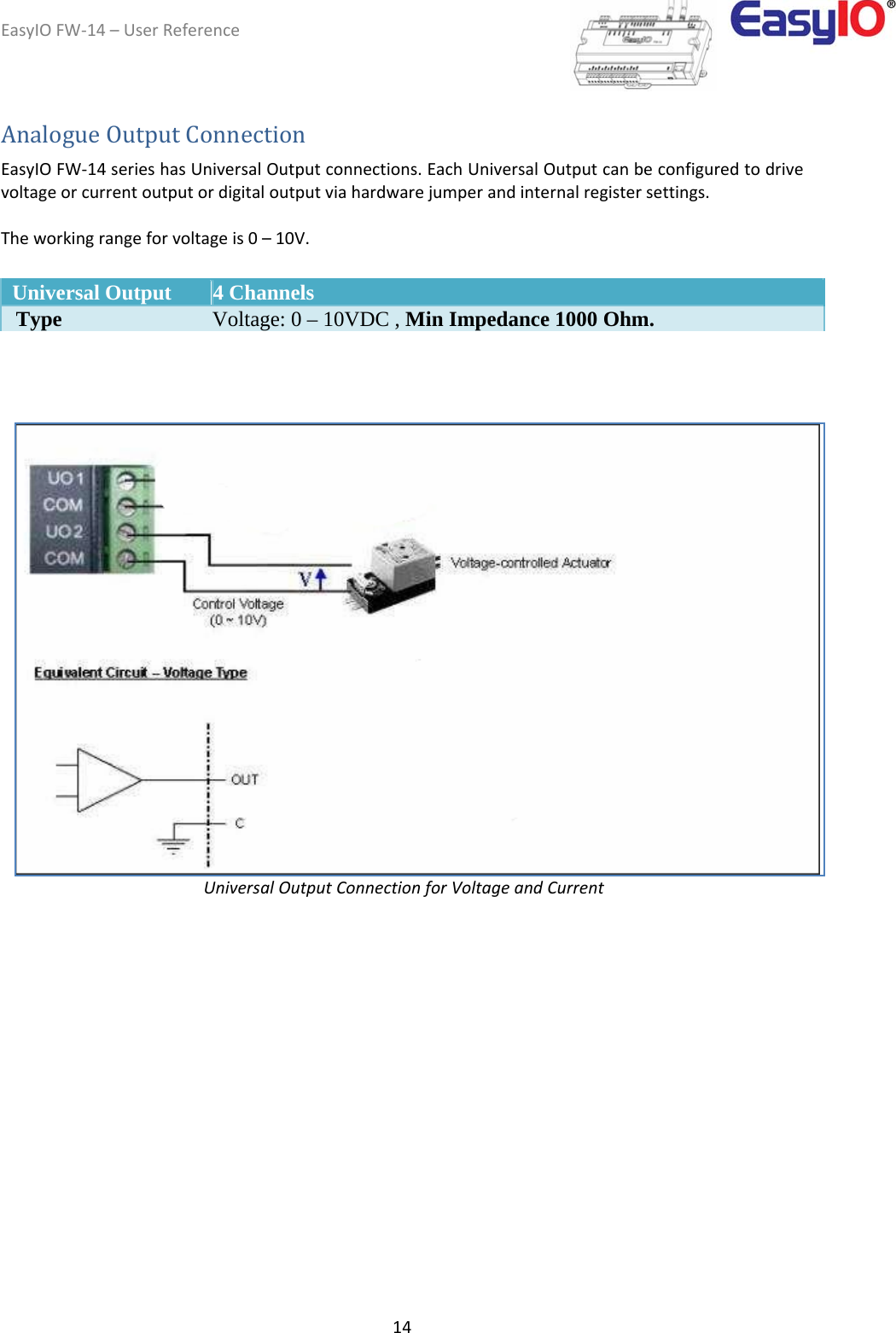 EasyIOFW‐14–UserReference14AnalogueOutputConnection  EasyIOFW‐14serieshasUniversalOutputconnections.EachUniversalOutputcanbeconfiguredtodrivevoltageorcurrentoutputordigitaloutputviahardwarejumperandinternalregistersettings.  Theworkingrangeforvoltageis0–10V.      Universal Output  4 Channels    Type   Voltage: 0 – 10VDC , Min Impedance 1000 Ohm.              UniversalOutputConnectionforVoltageandCurrent