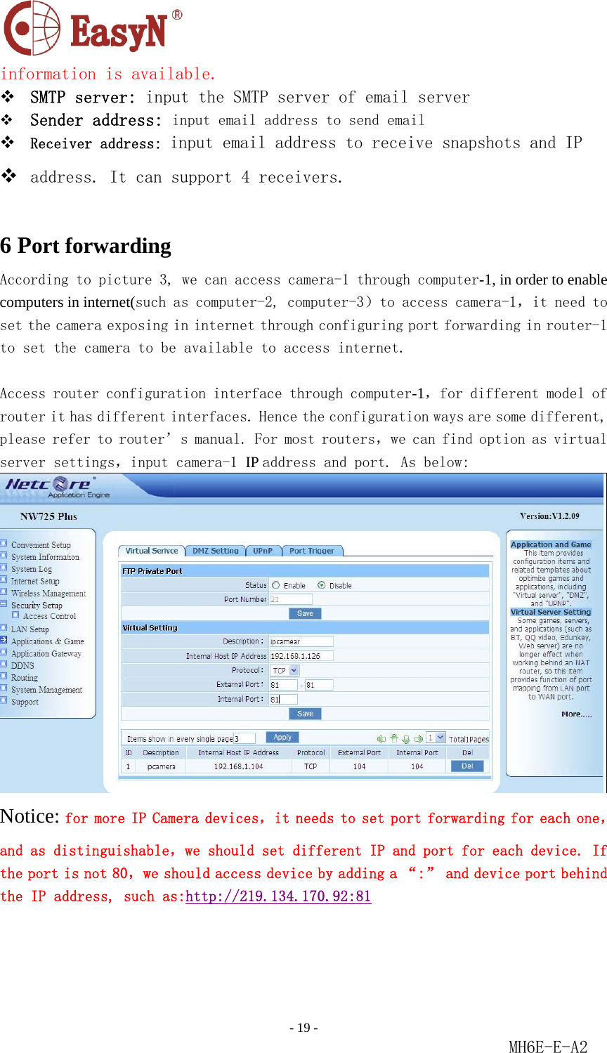                                                                               - 19 -                                                           MH6E-E-A2  information is available.  SMTP server: input the SMTP server of email server  Sender address: input email address to send email  Receiver address: input email address to receive snapshots and IP   address. It can support 4 receivers.  6 Port forwarding According to picture 3, we can access camera-1 through computer-1, in order to enable computers in internet(such as computer-2, computer-3）to access camera-1，it need to set the camera exposing in internet through configuring port forwarding in router-1 to set the camera to be available to access internet.   Access router configuration interface through computer-1，for different model of router it has different interfaces. Hence the configuration ways are some different, please refer to router’s manual. For most routers，we can find option as virtual server settings，input camera-1 IP address and port. As below:  Notice: for more IP Camera devices，it needs to set port forwarding for each one，and as distinguishable，we should set different IP and port for each device. If the port is not 80，we should access device by adding a “:” and device port behind the IP address, such as:http://219.134.170.92:81 