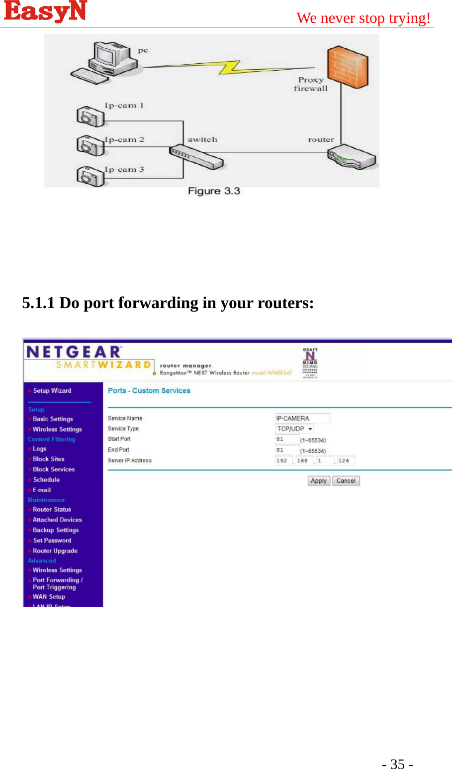                                         We never stop trying!  - 35 -                5.1.1 Do port forwarding in your routers:   