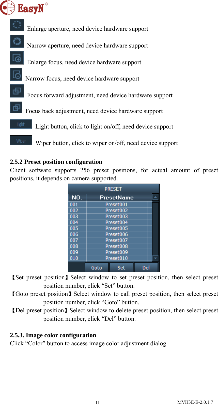  MVH3E-E-2.0.1.7 - 11 -  Enlarge aperture, need device hardware support   Narrow aperture, need device hardware support   Enlarge focus, need device hardware support   Narrow focus, need device hardware support   Focus forward adjustment, need device hardware support   Focus back adjustment, need device hardware support   Light button, click to light on/off, need device support   Wiper button, click to wiper on/off, need device support  2.5.2 Preset position configuration Client software supports 256 preset positions, for actual amount of preset positions, it depends on camera supported.  【Set preset position】Select window to set preset position, then select preset position number, click “Set” button.       【Goto preset position】Select window to call preset position, then select preset position number, click “Goto” button. 【Del preset position】Select window to delete preset position, then select preset position number, click “Del” button.  2.5.3. Image color configuration Click “Color” button to access image color adjustment dialog. 