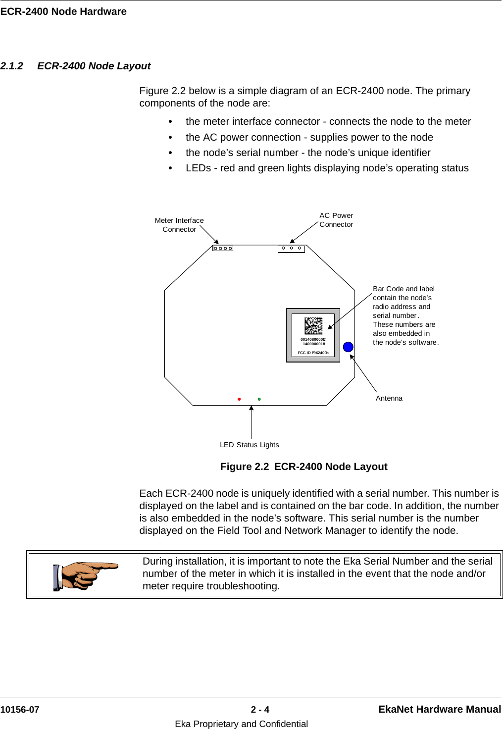 ECR-2400 Node Hardware10156-07 2 - 4 EkaNet Hardware ManualEka Proprietary and Confidential2.1.2 ECR-2400 Node LayoutFigure 2.2 below is a simple diagram of an ECR-2400 node. The primary components of the node are:•the meter interface connector - connects the node to the meter•the AC power connection - supplies power to the node•the node’s serial number - the node’s unique identifier•LEDs - red and green lights displaying node’s operating status Each ECR-2400 node is uniquely identified with a serial number. This number is displayed on the label and is contained on the bar code. In addition, the number is also embedded in the node’s software. This serial number is the number displayed on the Field Tool and Network Manager to identify the node. Figure 2.2 ECR-2400 Node LayoutAC Power ConnectorMeter Interface ConnectorBar Code and label contain the node’s radio address and serial number .  These numbers are also embedded in the node’s software.LED Status LightsAntenna00140800001C1400000018FCC ID P9X2400bDuring installation, it is important to note the Eka Serial Number and the serial number of the meter in which it is installed in the event that the node and/or meter require troubleshooting.